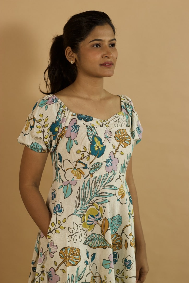 Beige Printed Ruffle Dress