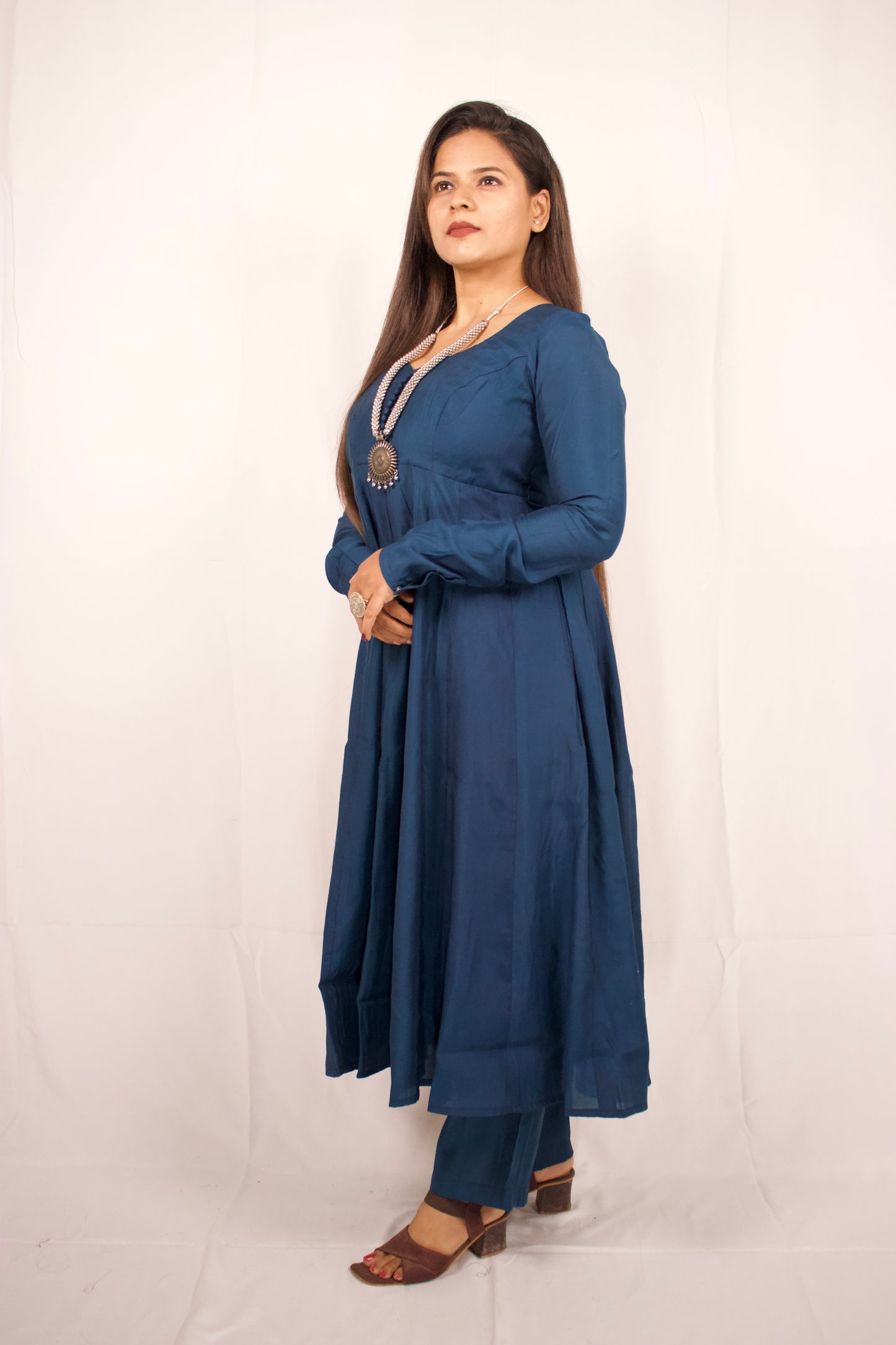 Blue Chanderi 16 Panel AnarKali Set