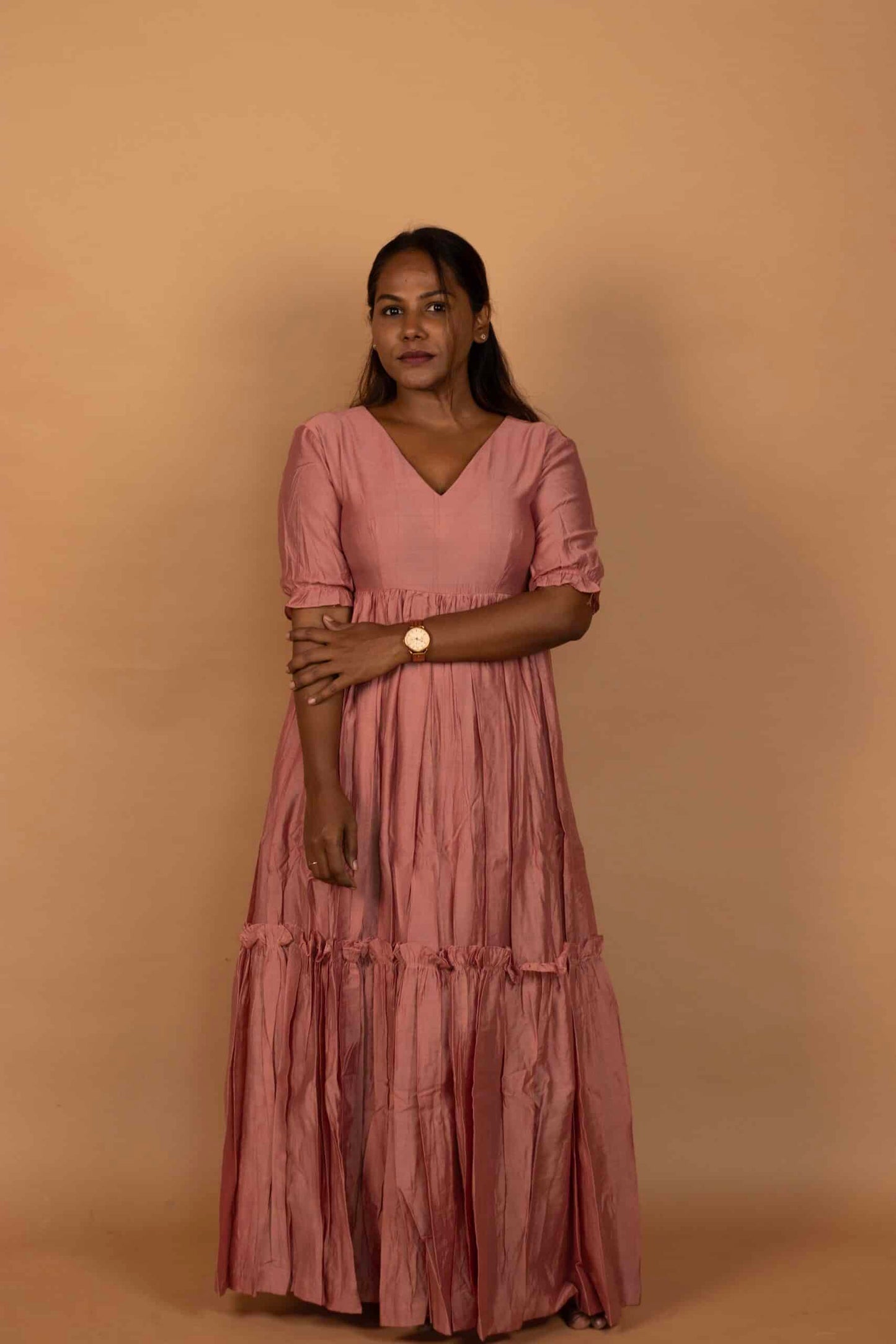 Blush Pink Chanderi ruffle maxi dress