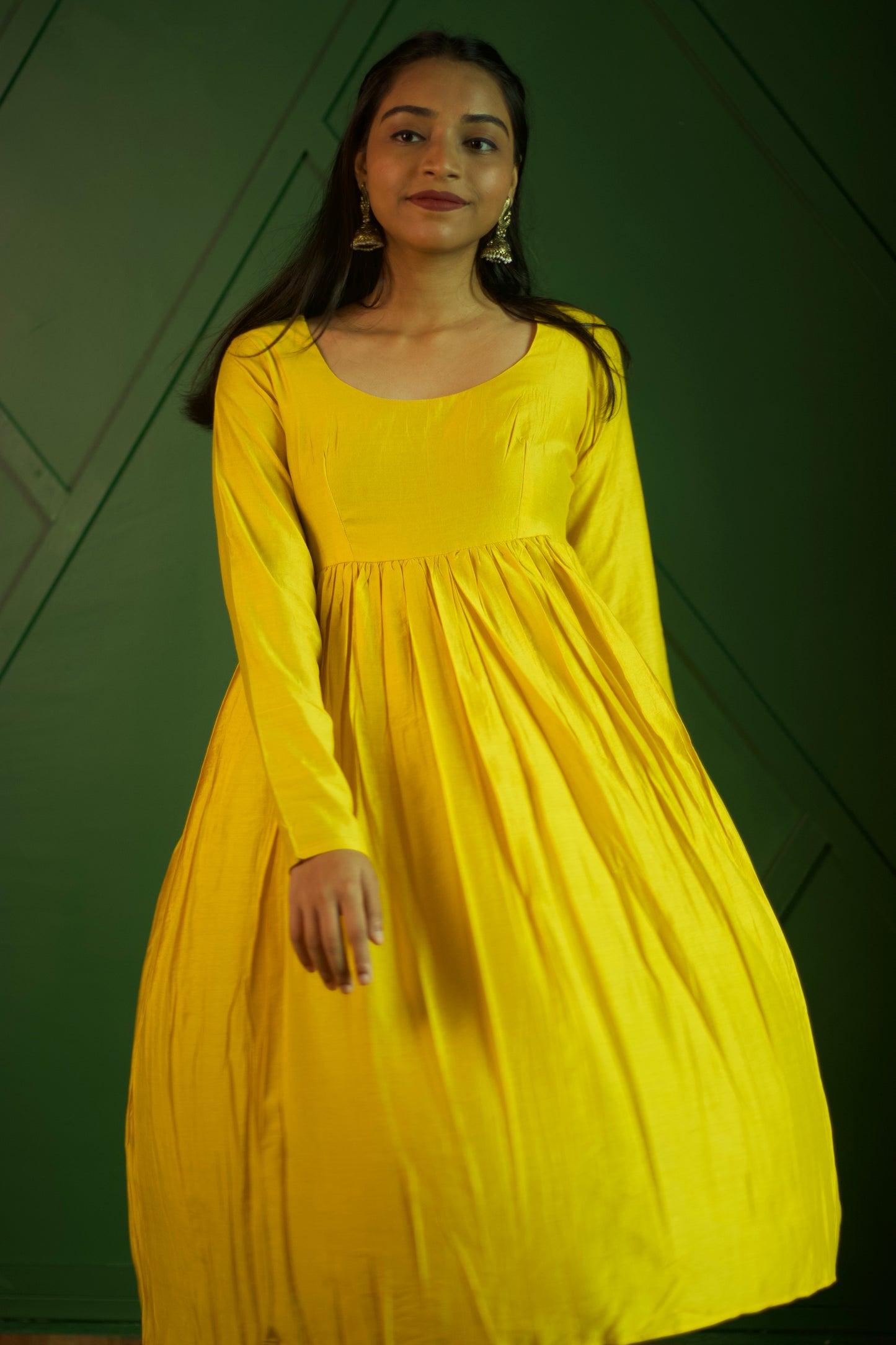 Yellow Chanderi Round Neck Gathered Kurti Set