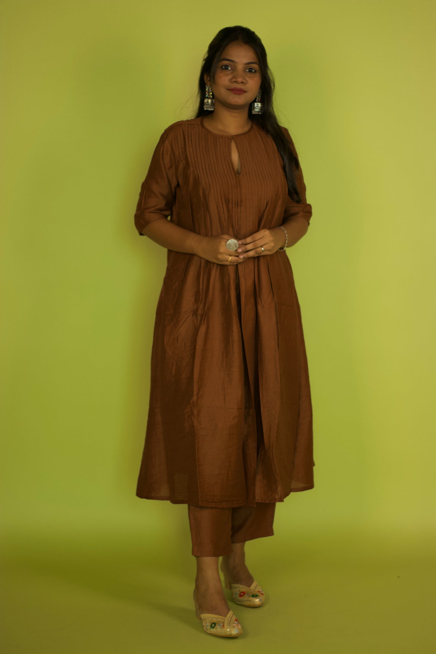 Dark Brown Chanderi Pleated kurta Set
