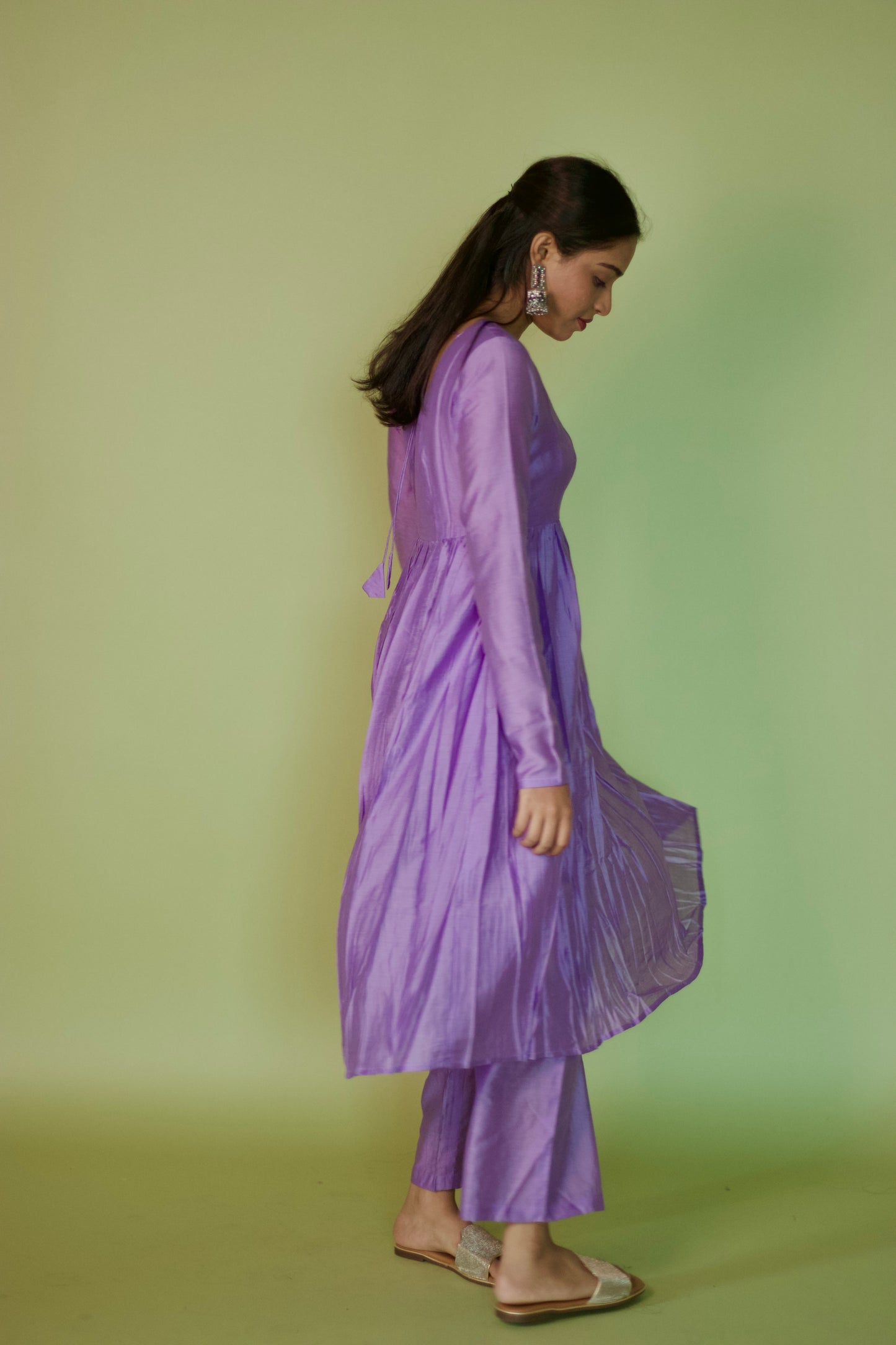 Lilac Chanderi Round Neck Gathered kurti Set
