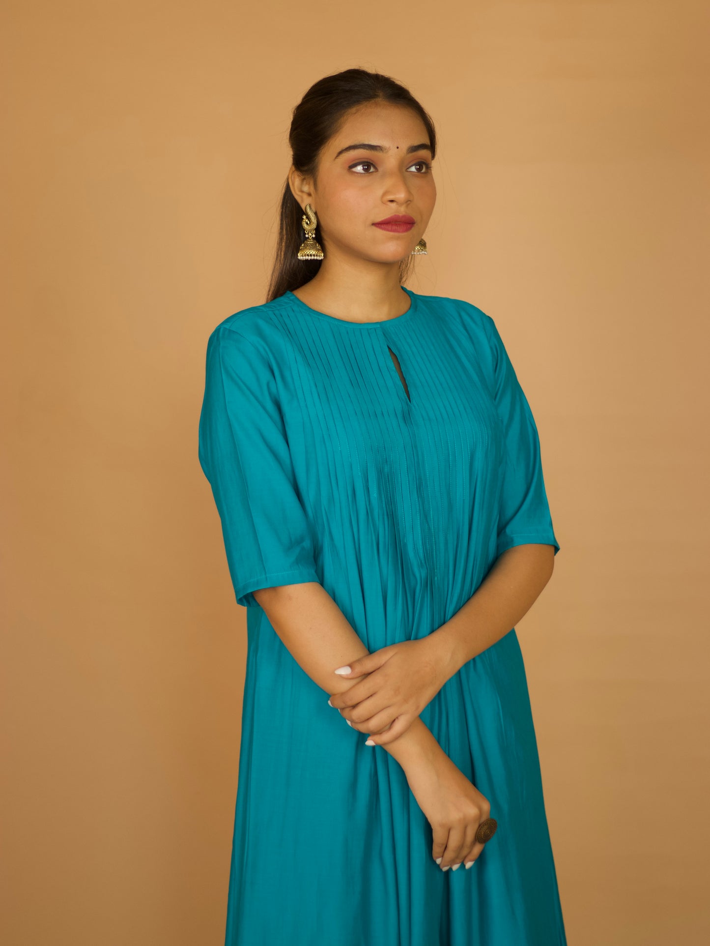 Teal Chanderi Pleated kurta Set