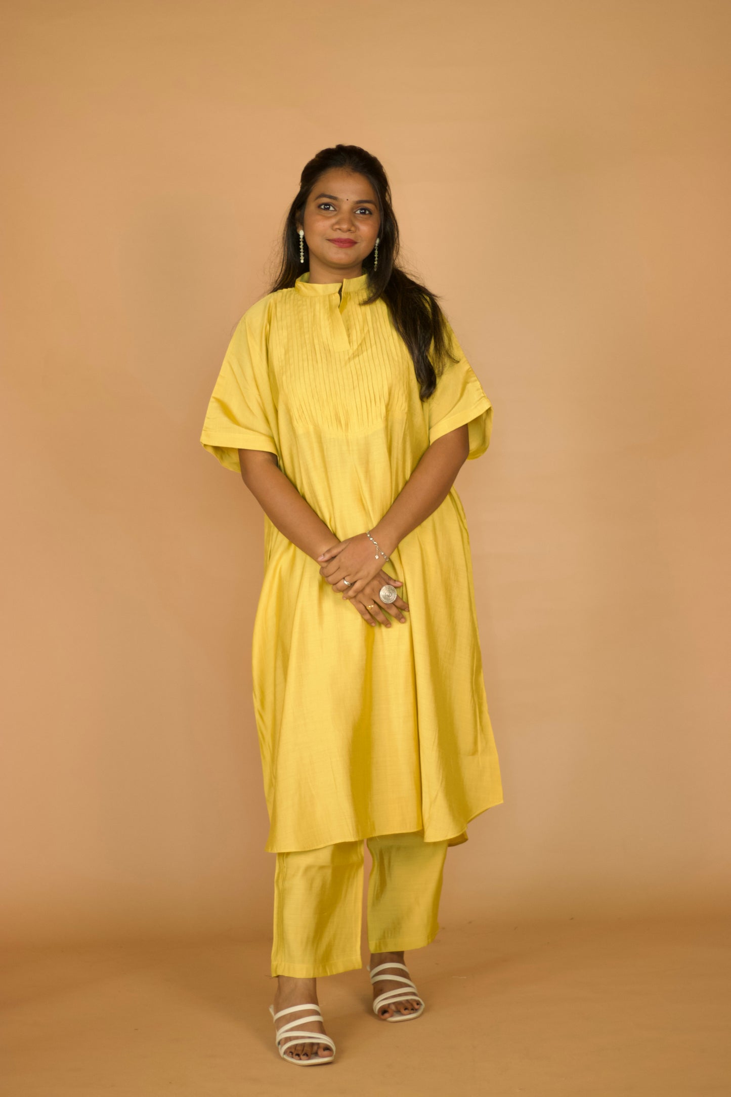 Light Yellow Chanderi Kaftan Pleated Kurta set