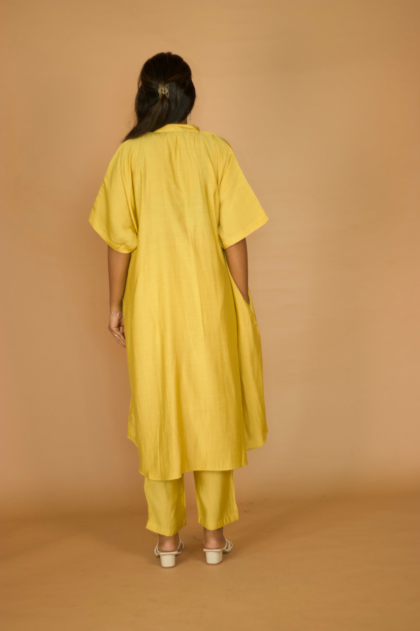 Light Yellow Chanderi Kaftan Pleated Kurta set