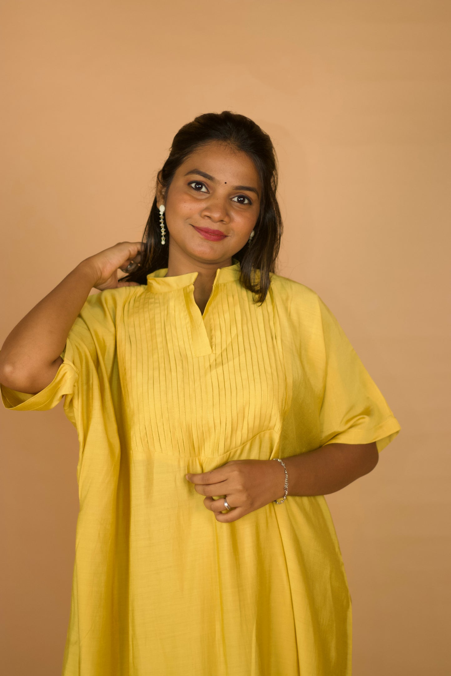 Light Yellow Chanderi Kaftan Pleated Kurta set