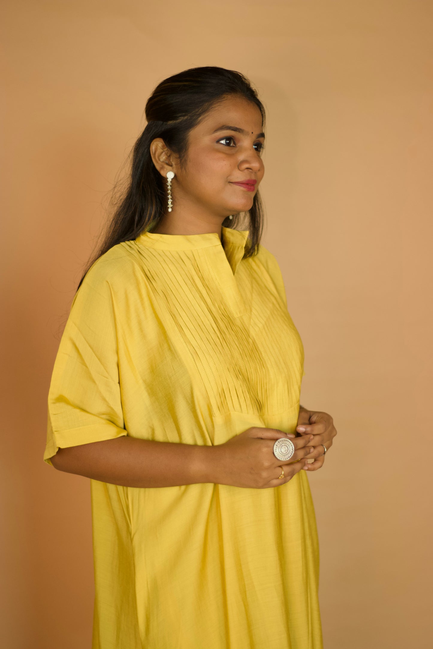 Light Yellow Chanderi Kaftan Pleated Kurta set