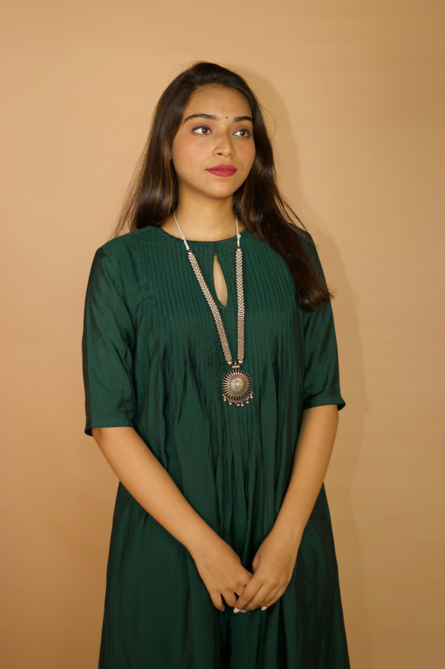 Deep Green Chanderi Pleated kurta Set
