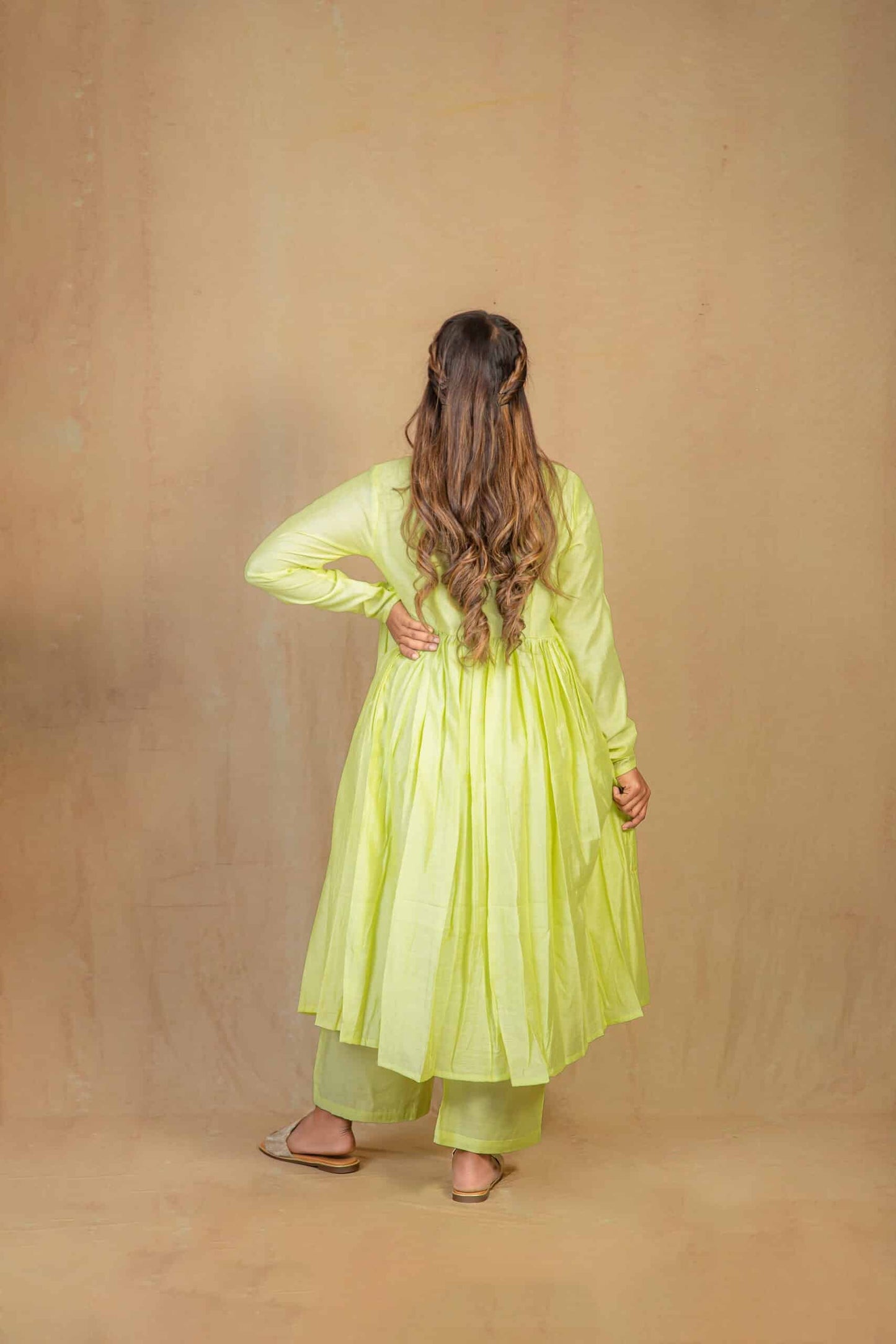 Olive Green Chanderi V neck Gathered kurta Set