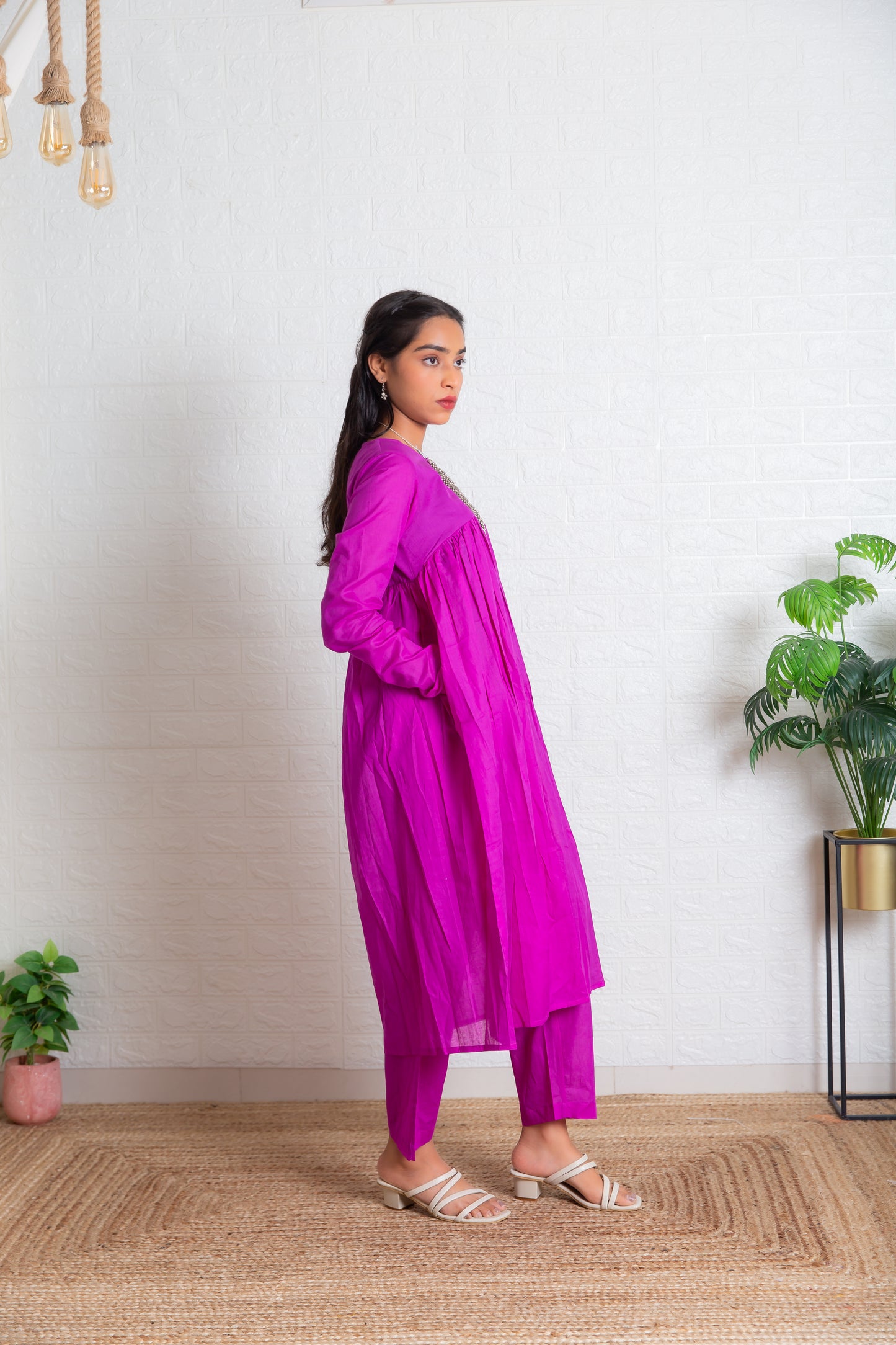 Purple Chudi Sleeves Mul Gathered Kurta set