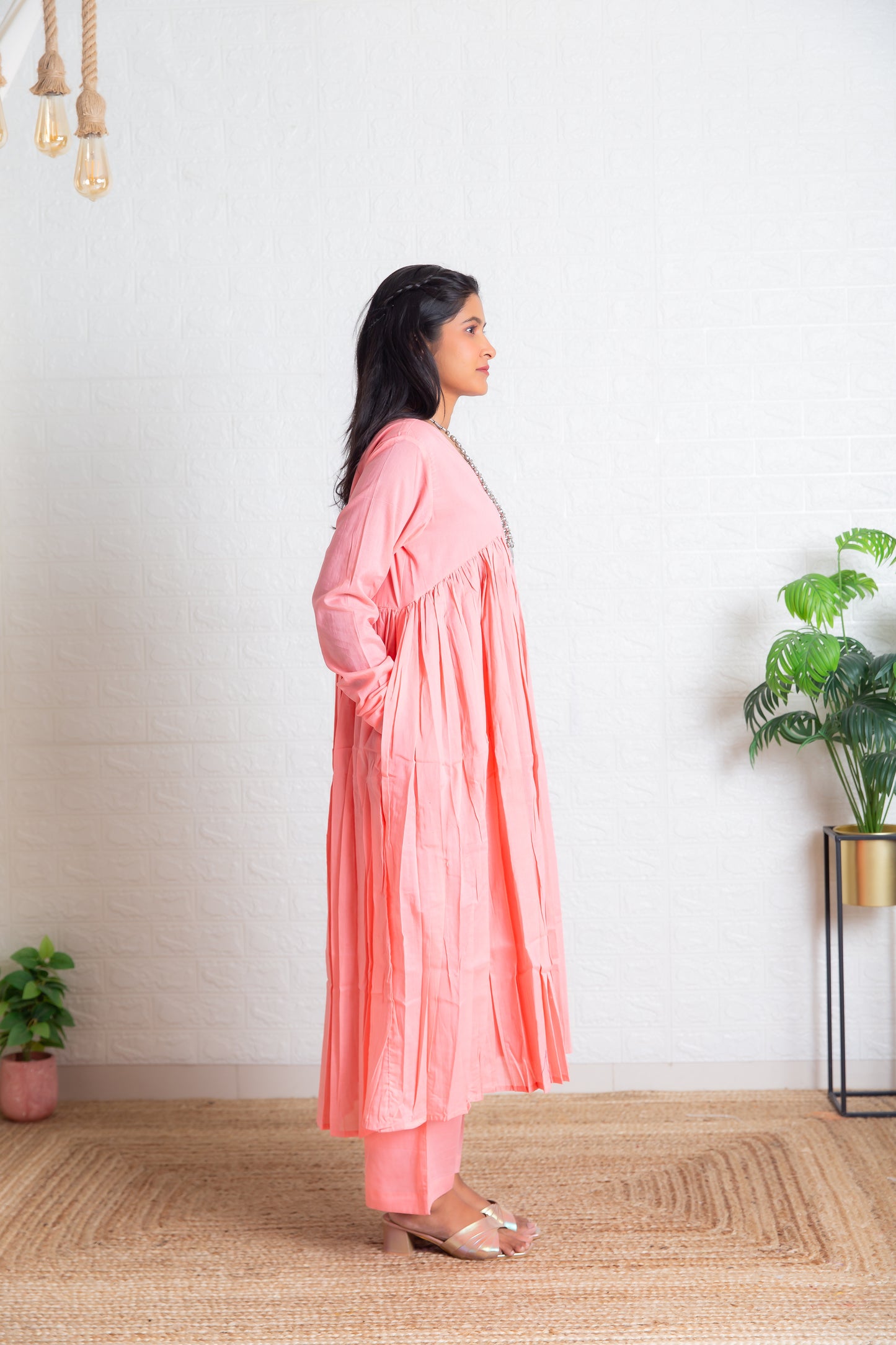 Pink Chudi Sleeves Mul Gathered Kurta set