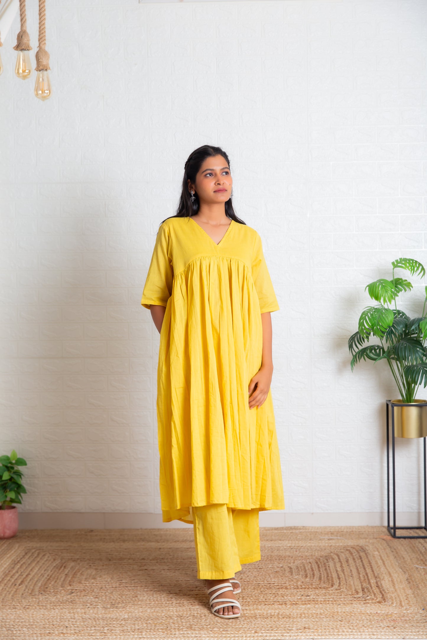 Pastel Yellow Mul Gathered Kurta set