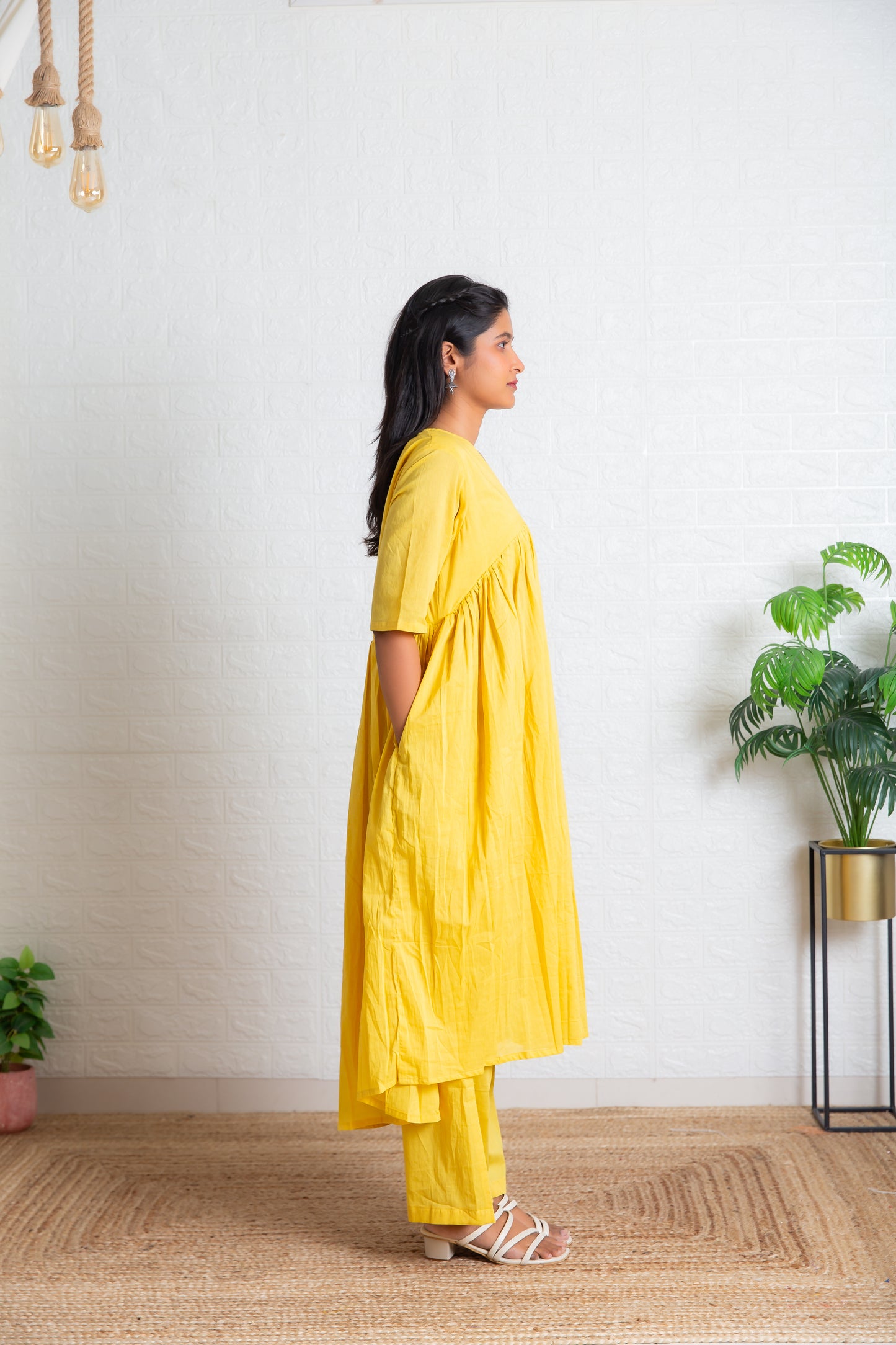 Pastel Yellow Mul Gathered Kurta set