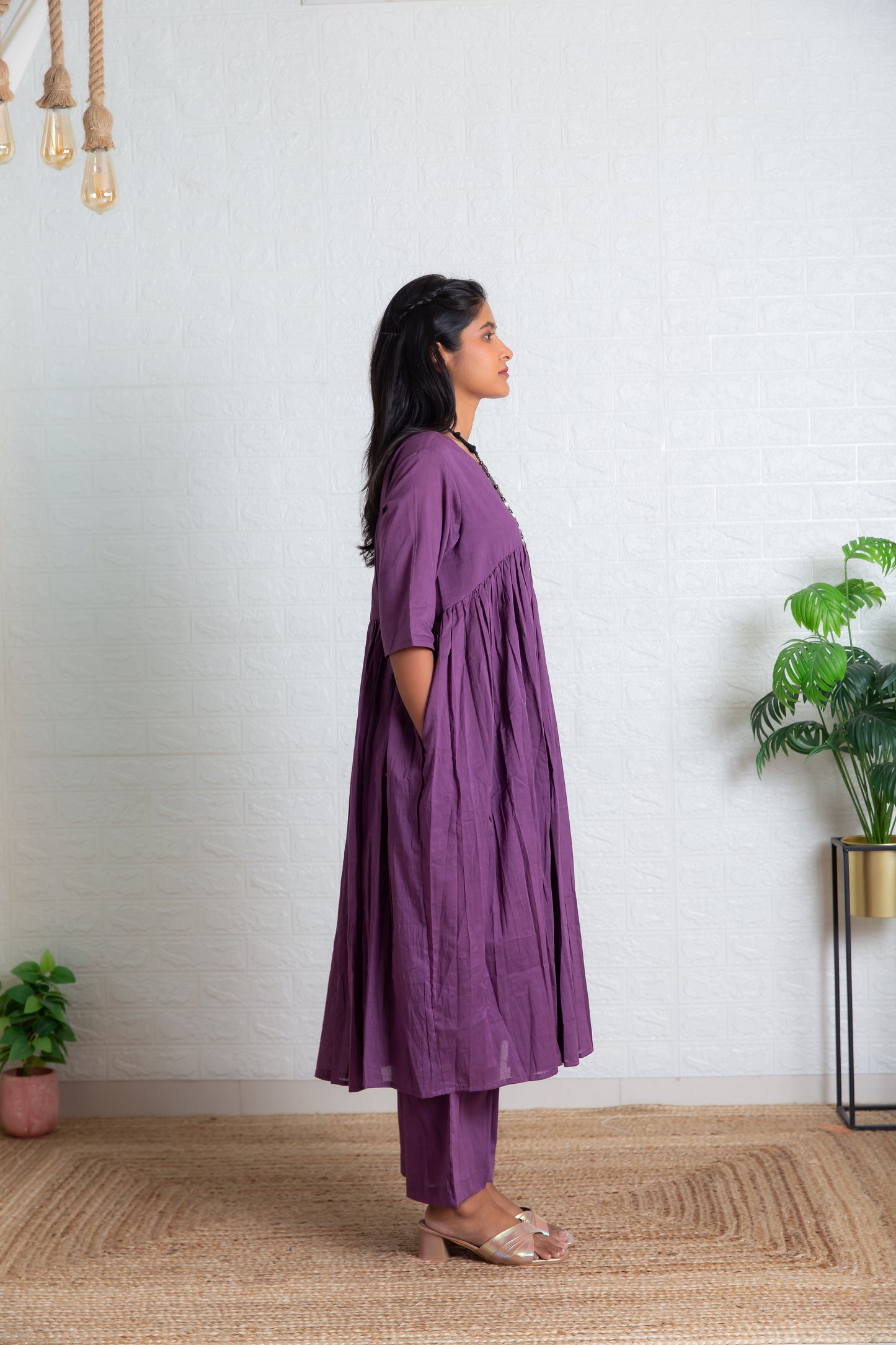 Mauve Mul Gathered Kurta set