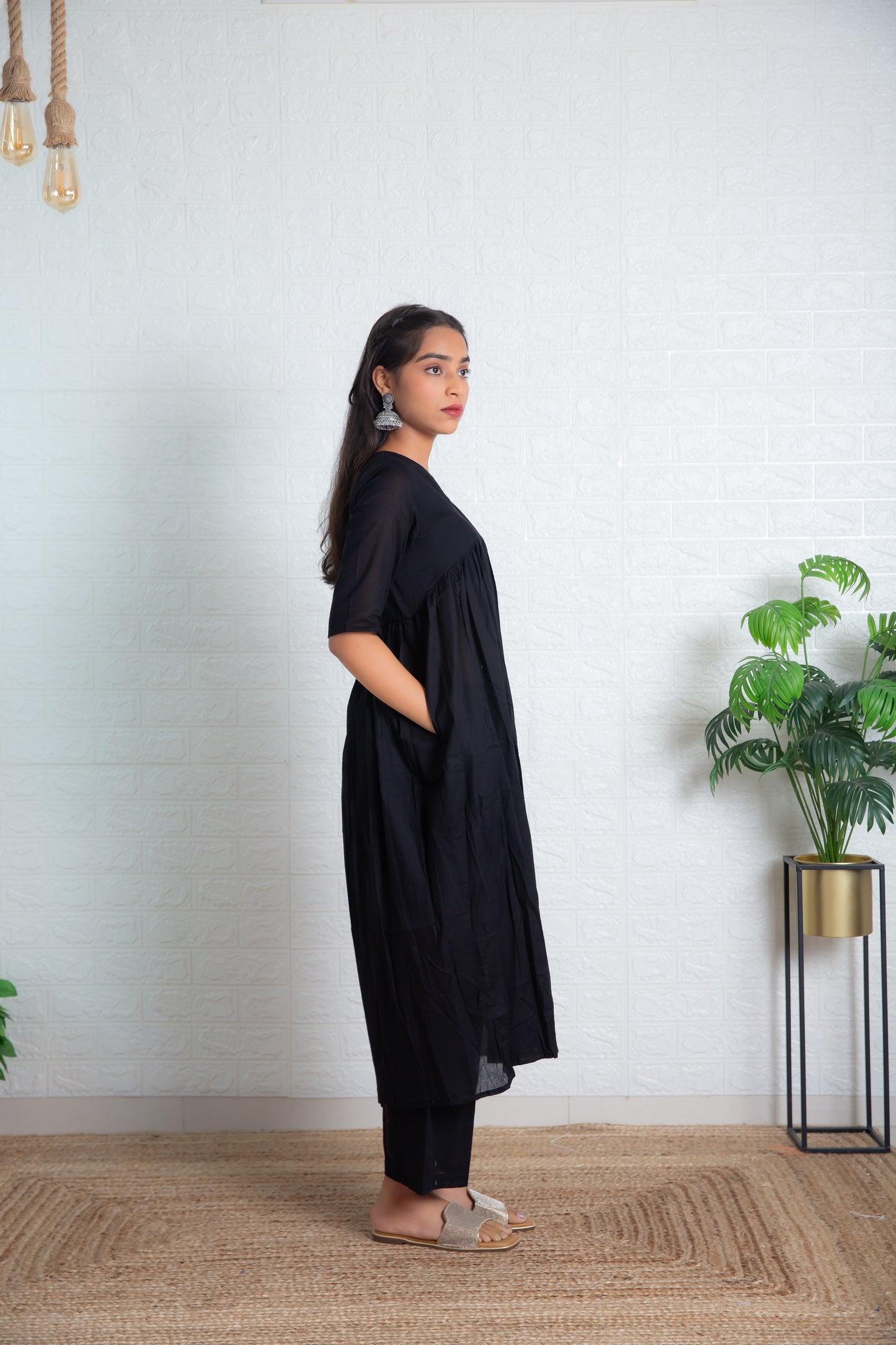 Royal Black Mul Gathered Kurta set