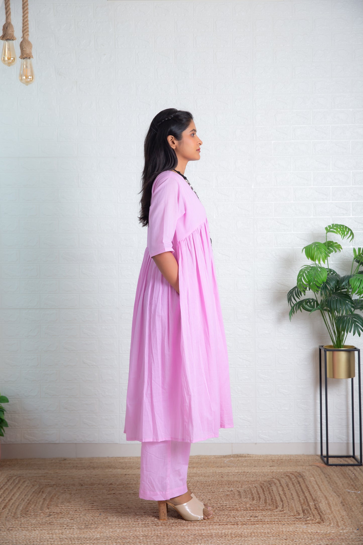 Lavender Mul Gathered Kurta set