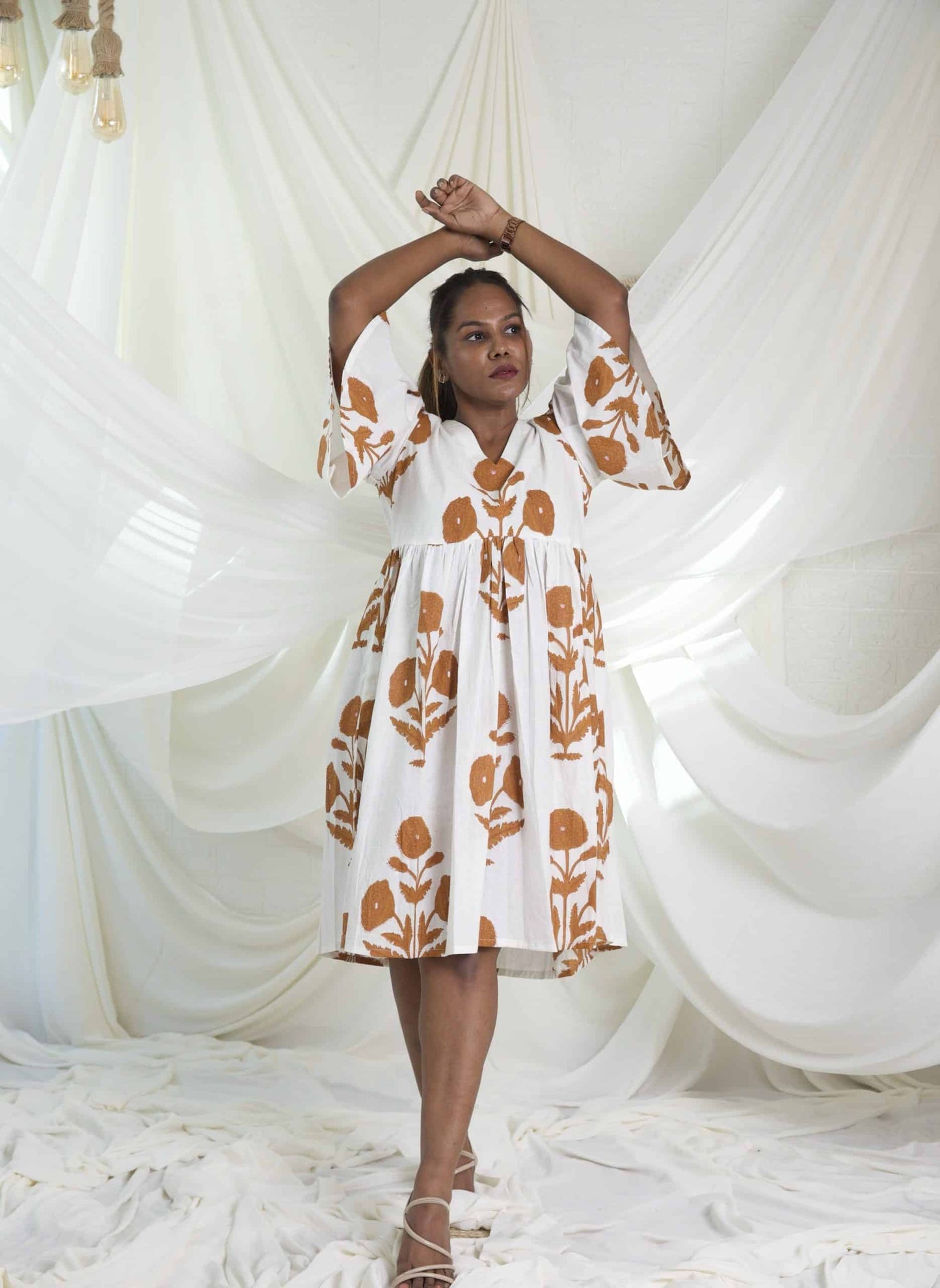 Cotton Ruffle V-Neck Dress: Brown