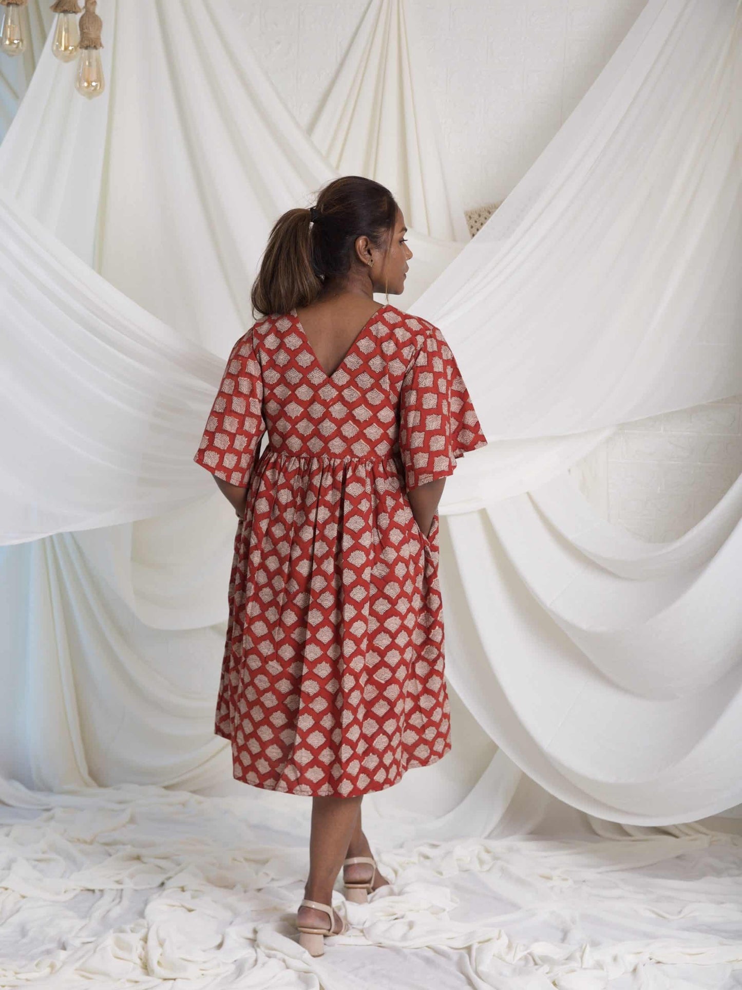 Cotton Ruffle V-Neck Dress: Dusty Red