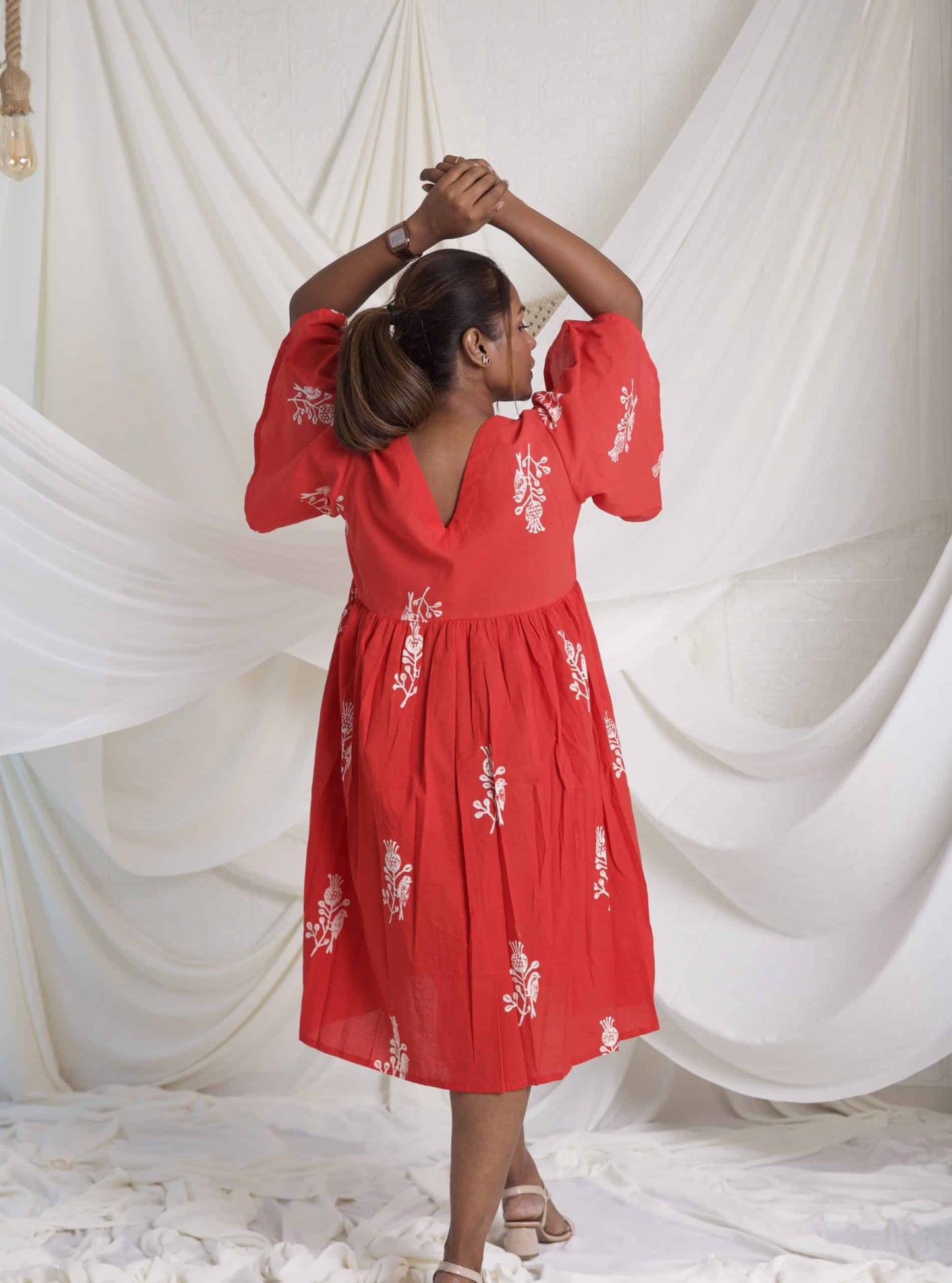 Cotton Ruffle V-Neck Dress: Red Printed