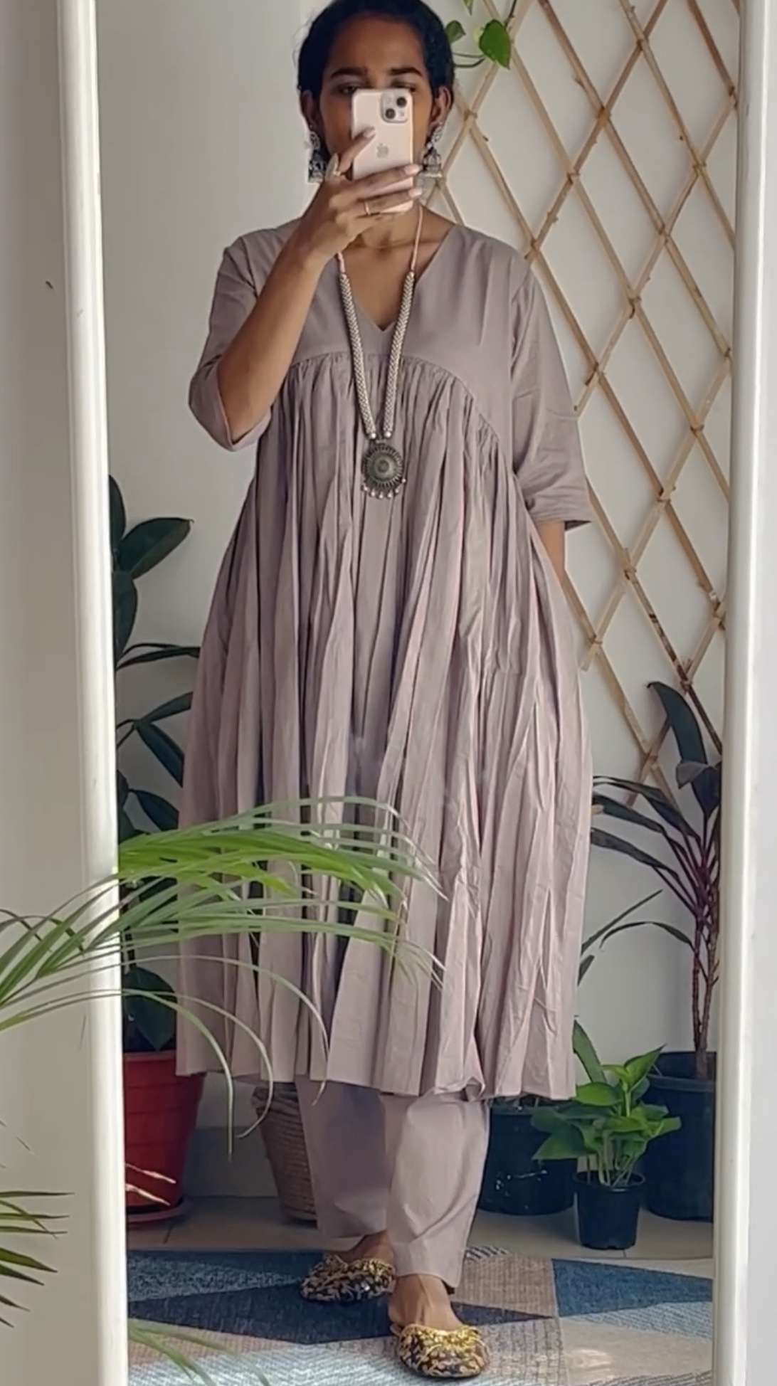 Grey Mul Gathered Kurta set