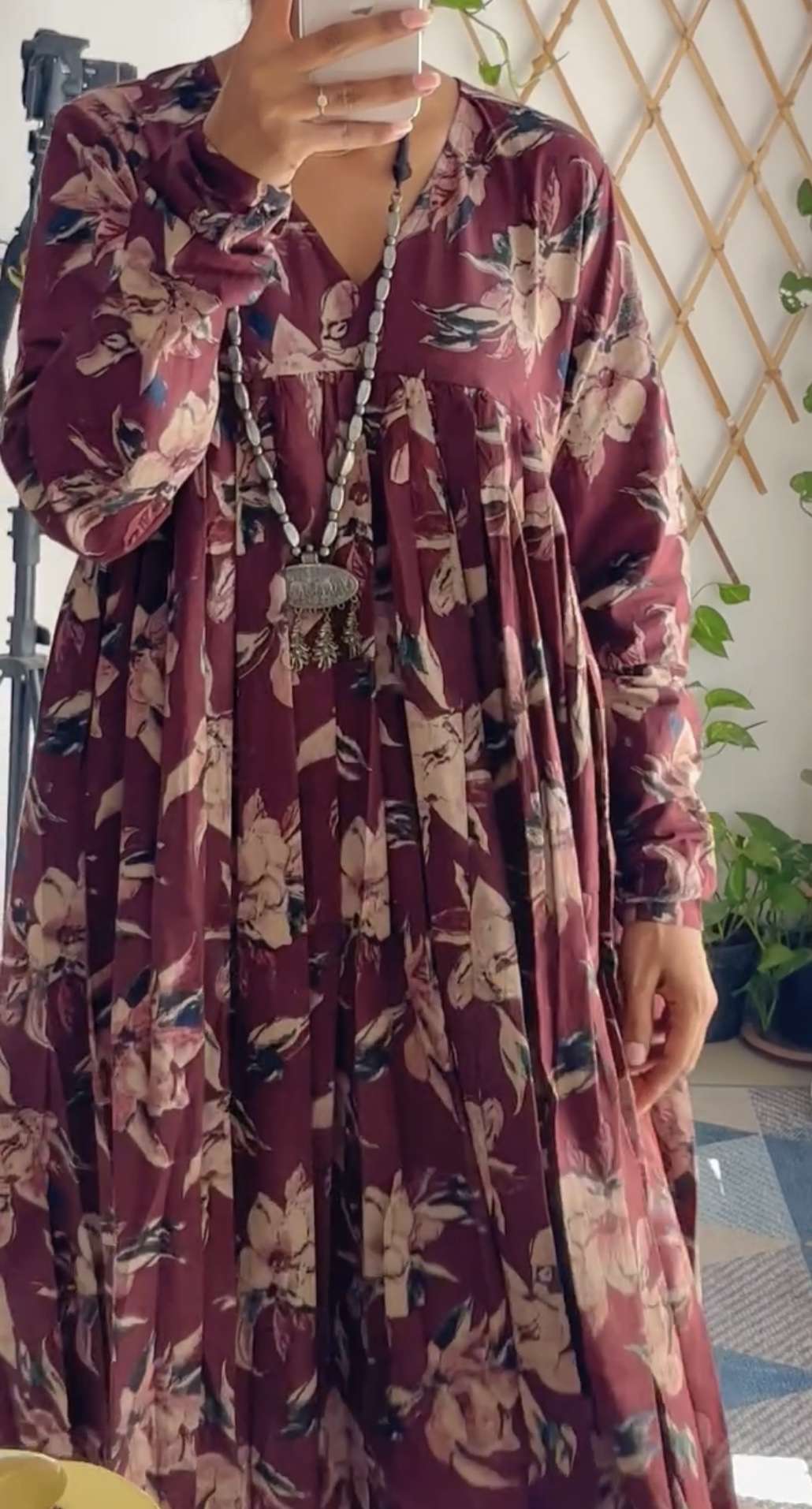 Wine Printed Chudi Sleeves Mul Gathered Kurta set