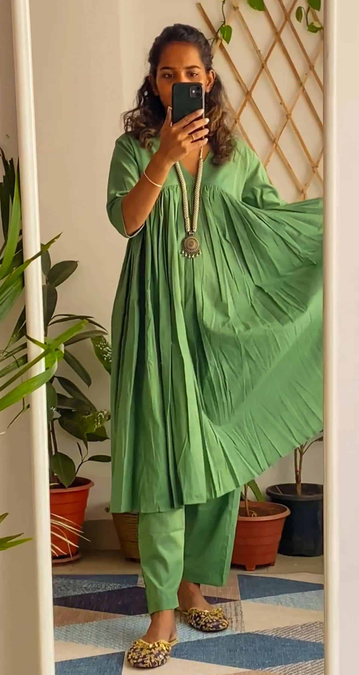 Pastel Green Mul Gathered Kurta set