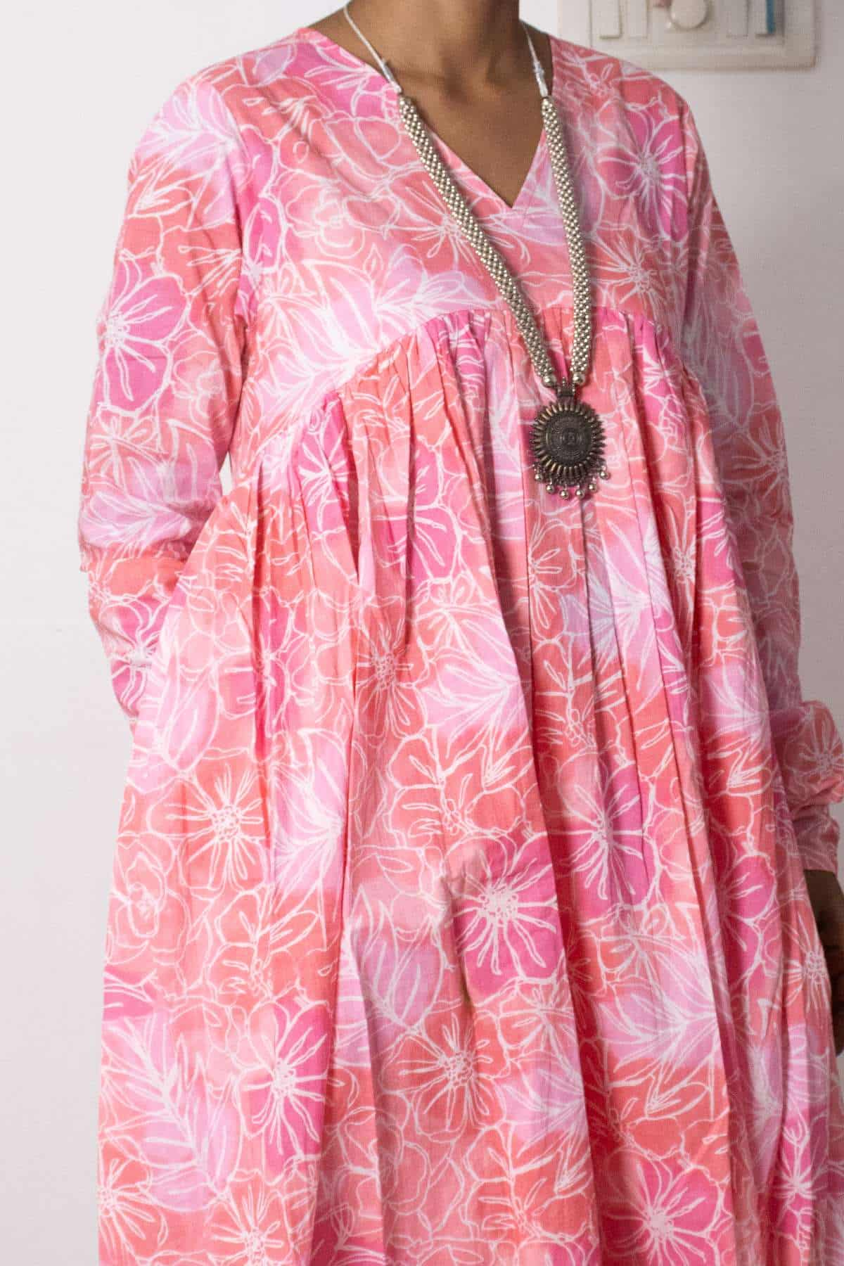 Pink Printed Chudi Sleeves Mul Gathered Kurta set