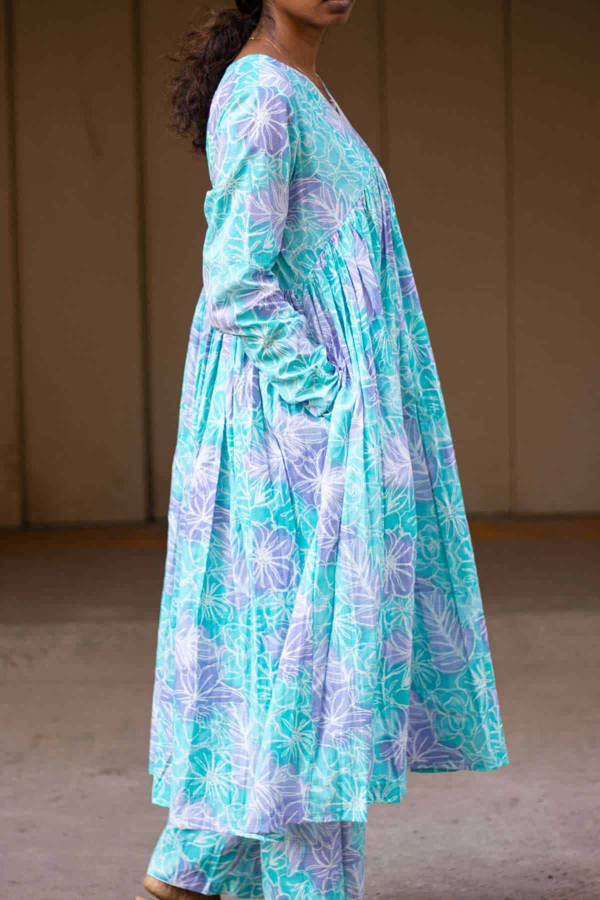 Sky Blue Printed Chudi Sleeves Mul Gathered Kurta set