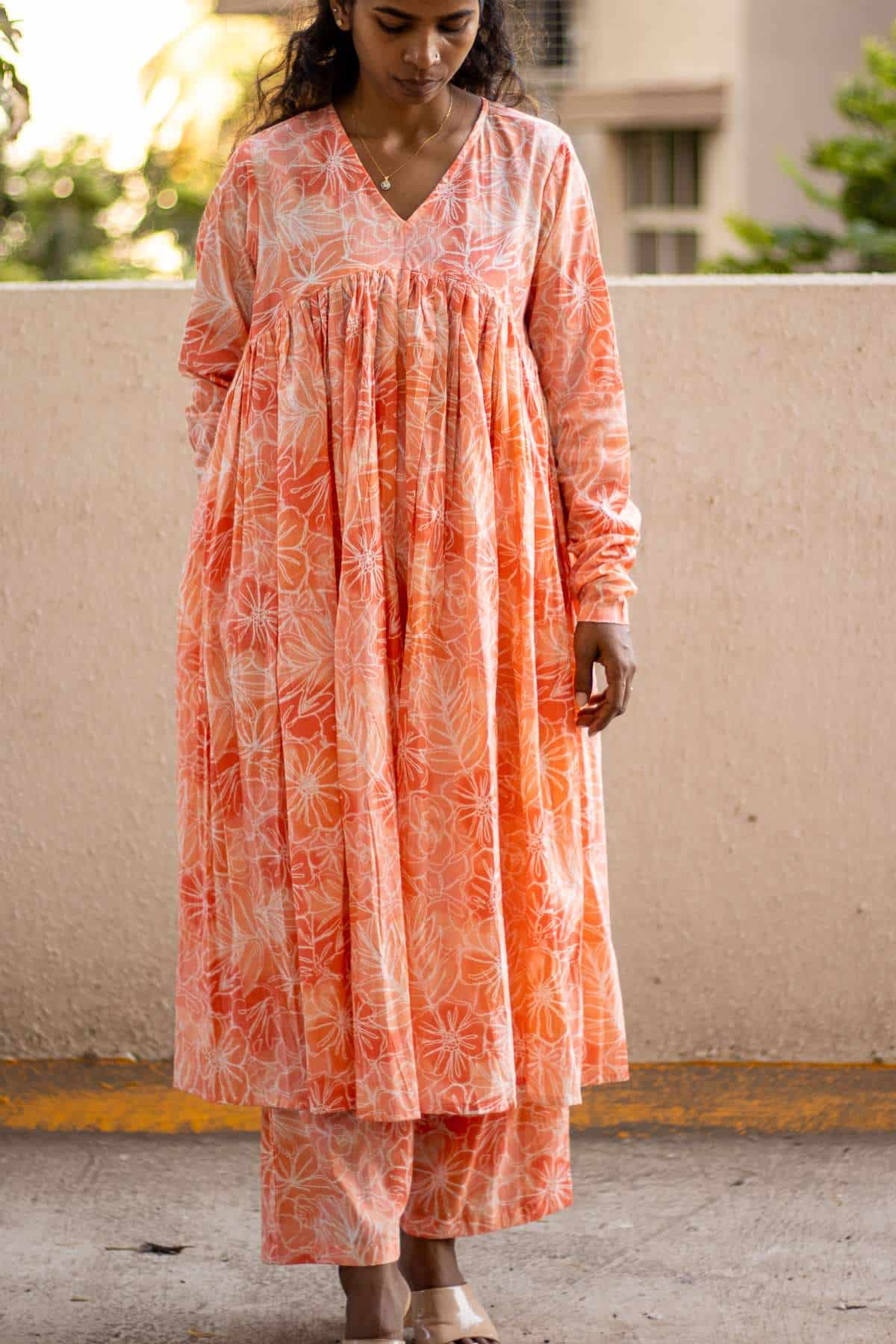 Orange Printed Chudi Sleeves Mul Gathered Kurta set