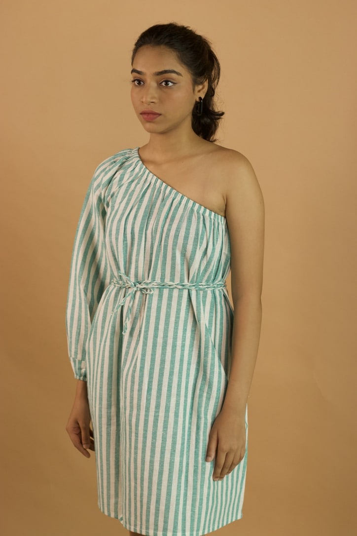 Green stripe off-shoulder Dress