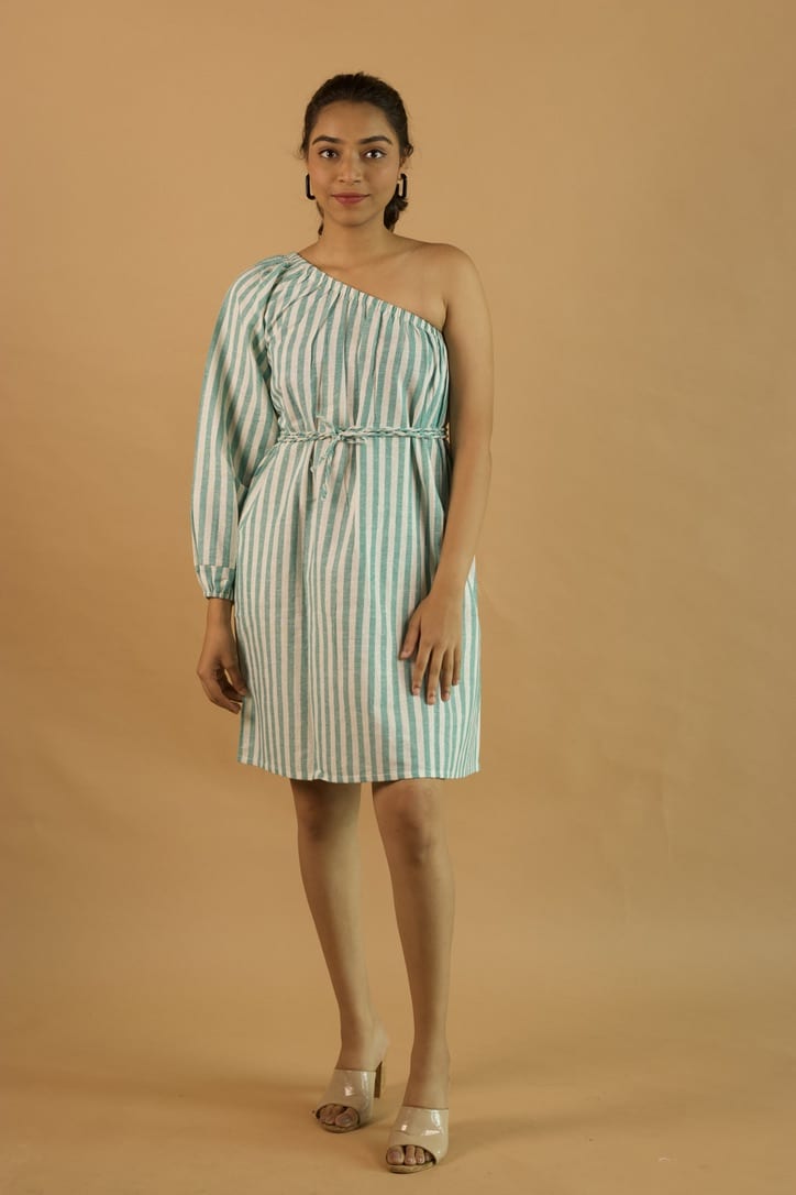 Green stripe off-shoulder Dress