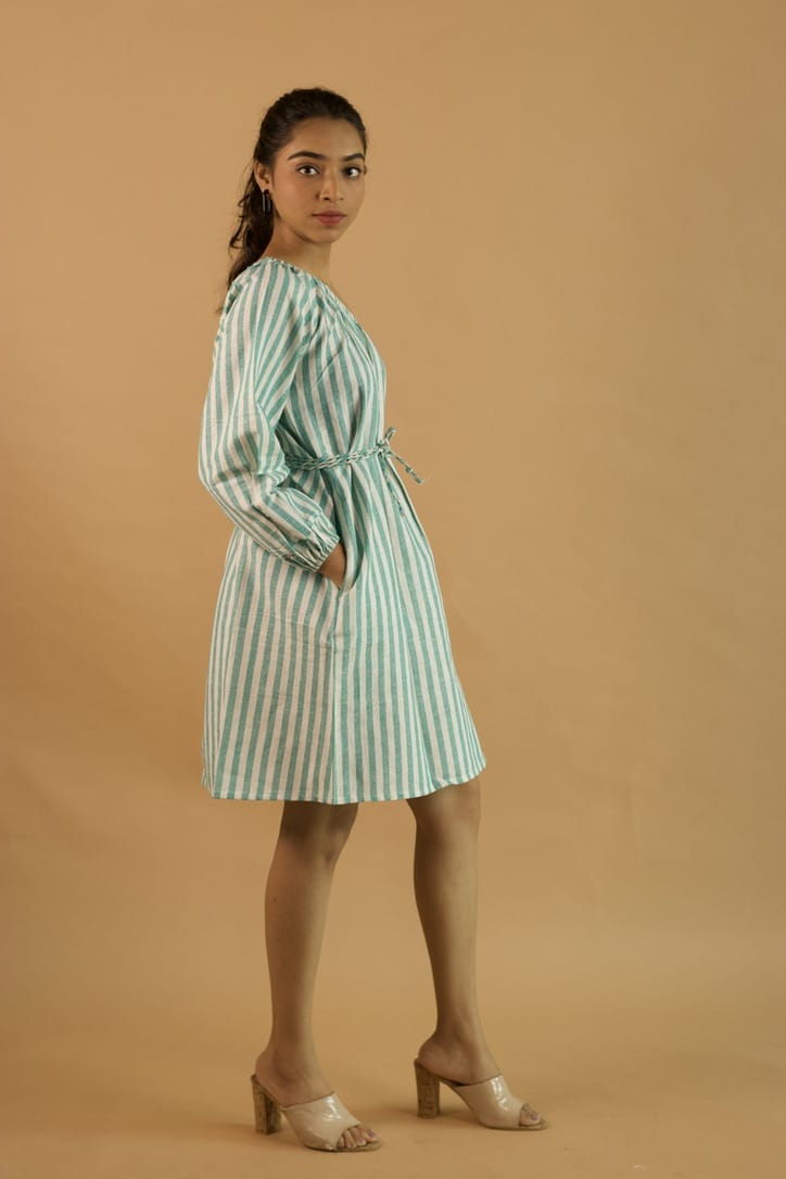 Green stripe off-shoulder Dress