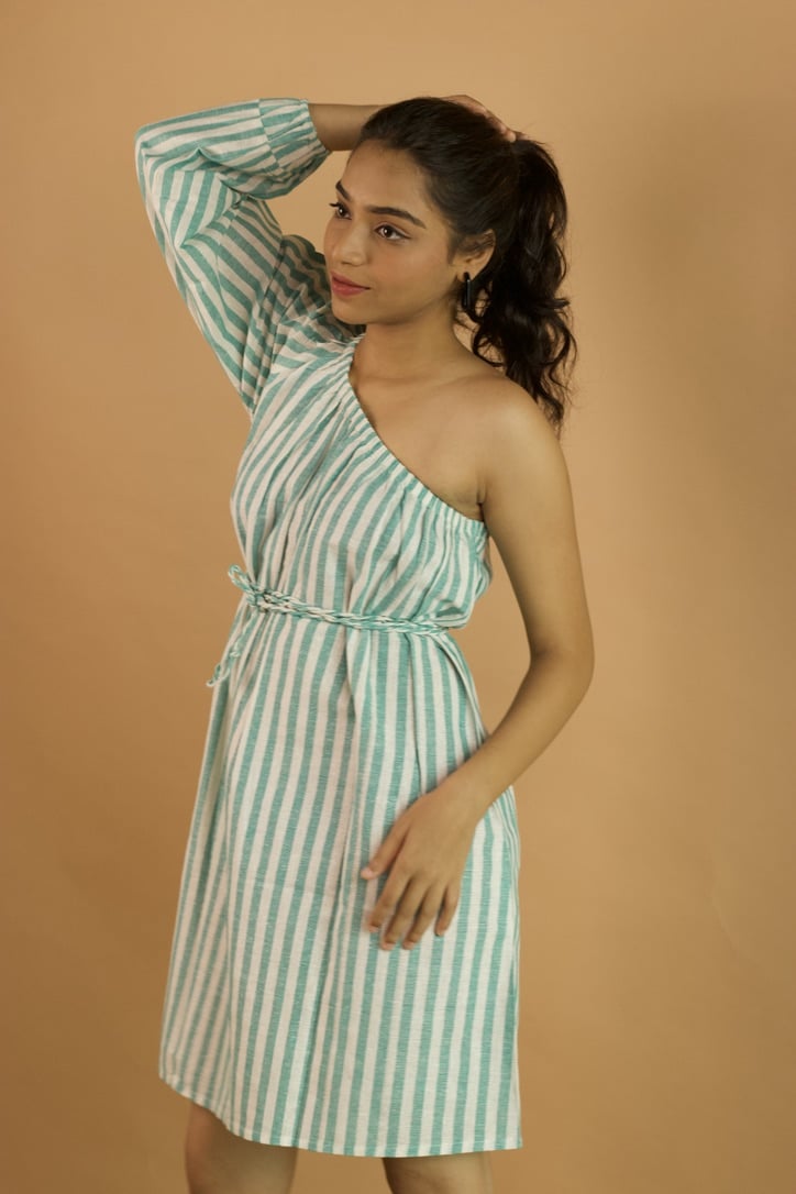 Green stripe off-shoulder Dress