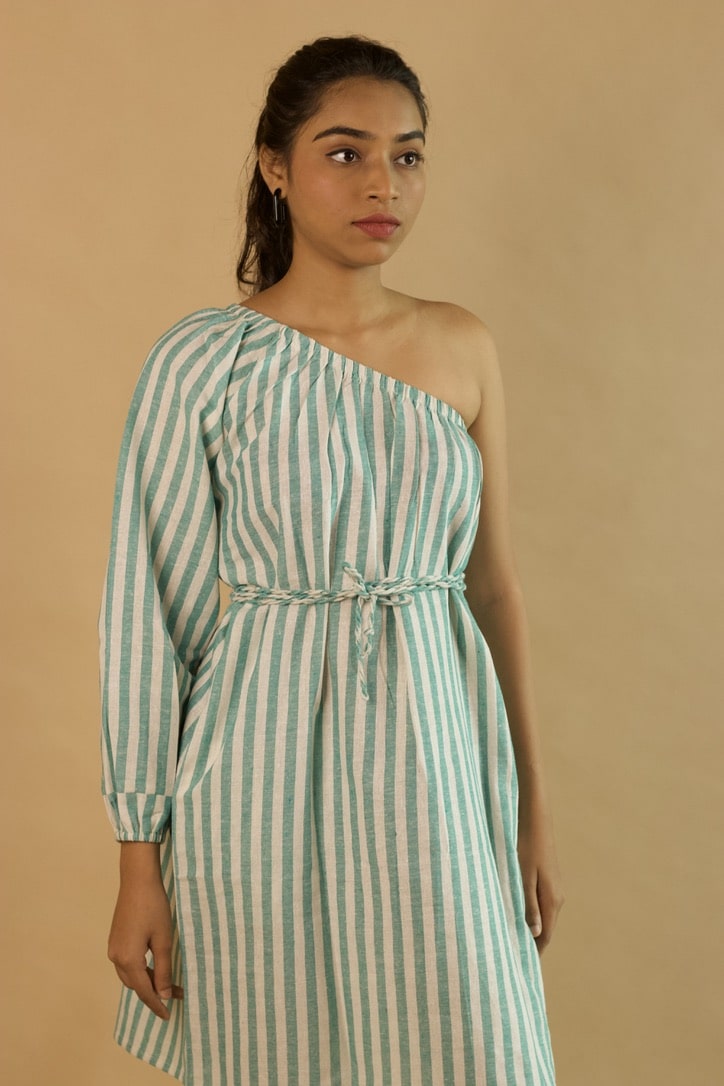 Green stripe off-shoulder Dress