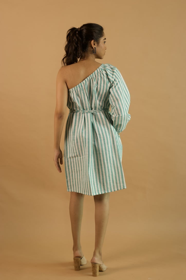 Green stripe off-shoulder Dress