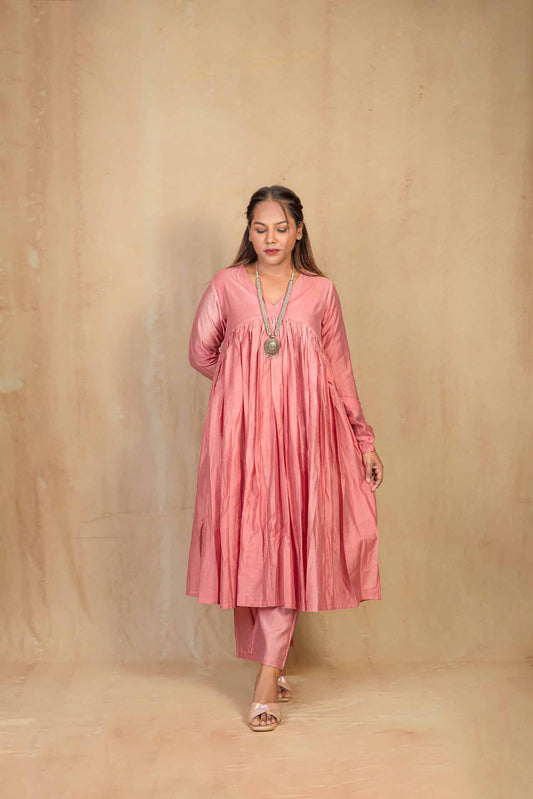 Blush Pink Chanderi V neck Gathered kurta Set