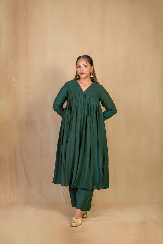 Jungle Green Chanderi V neck Gathered kurta Set