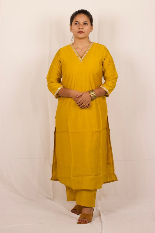 Yellow Chanderi Lace Kurta Set