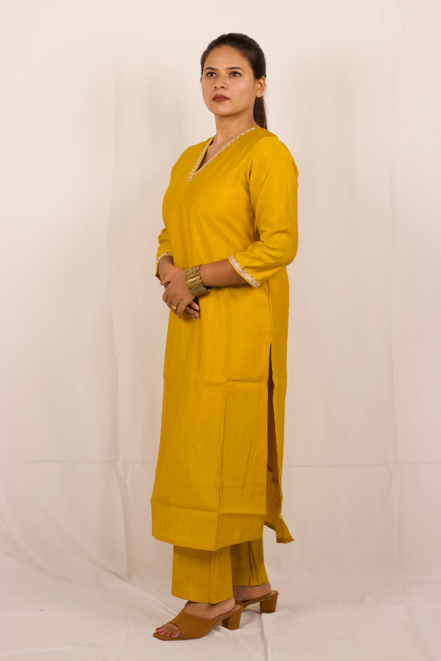 Yellow Chanderi Lace Kurta Set