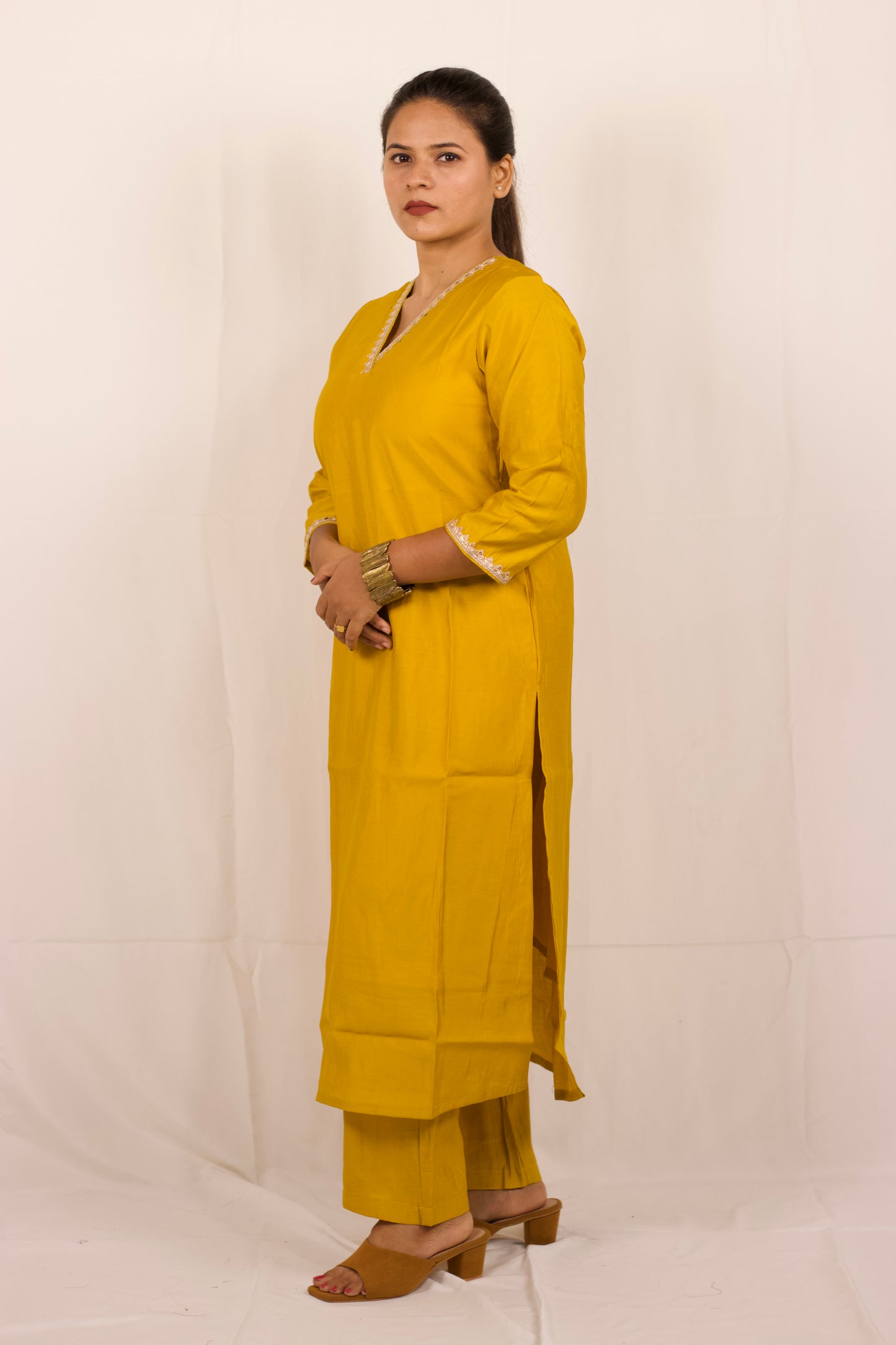 Yellow Chanderi Lace Kurta Set