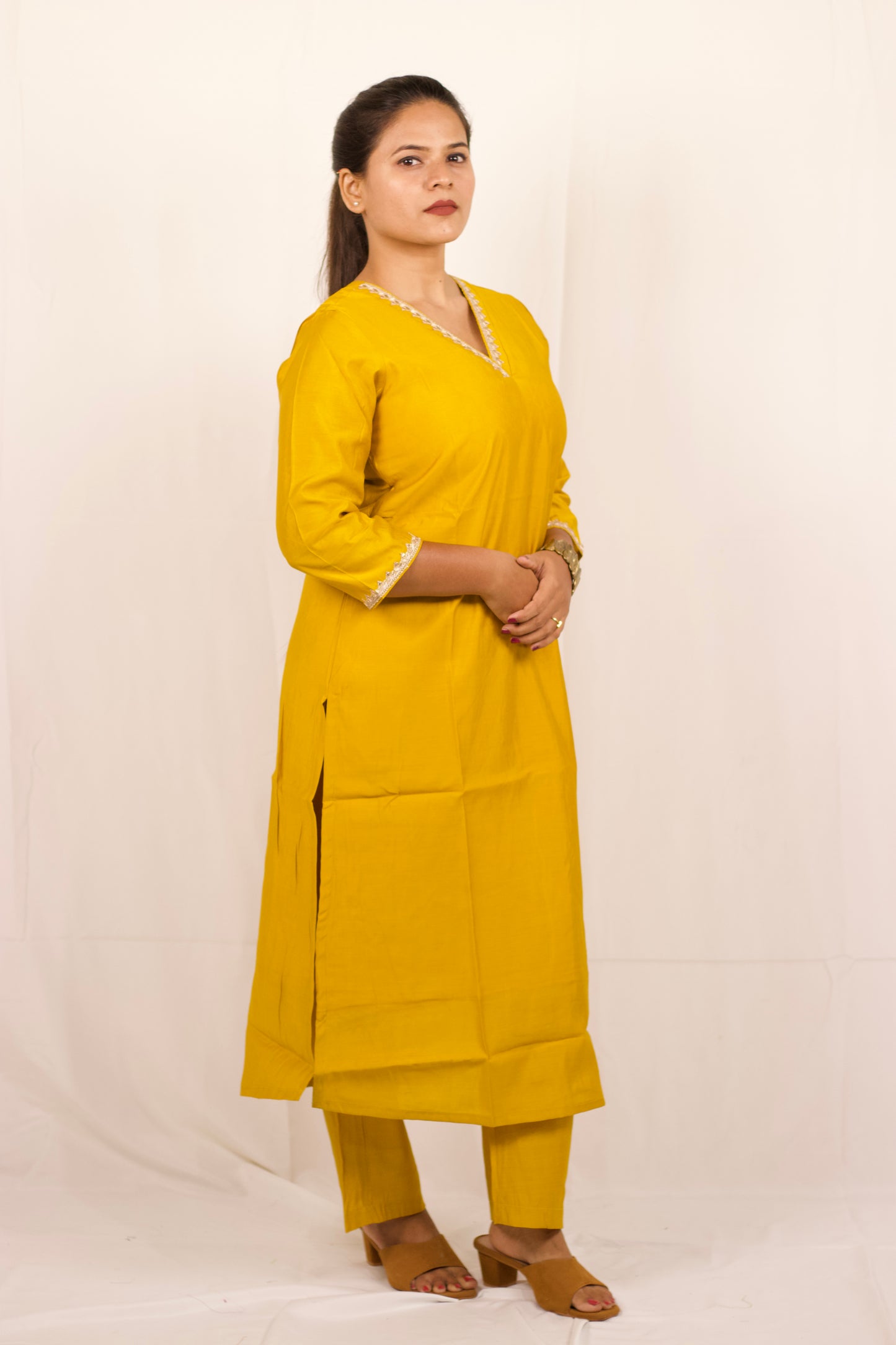 Yellow Chanderi Lace Kurta Set