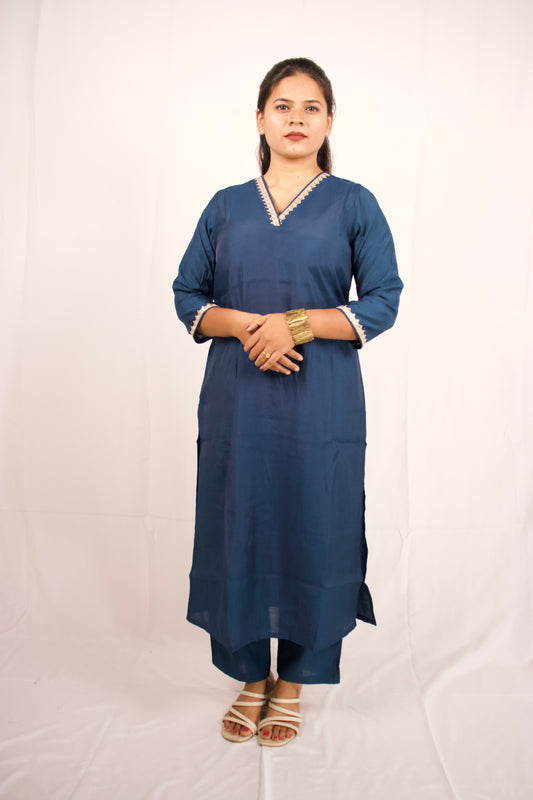 Dark Blue Chanderi Lace Kurta Set