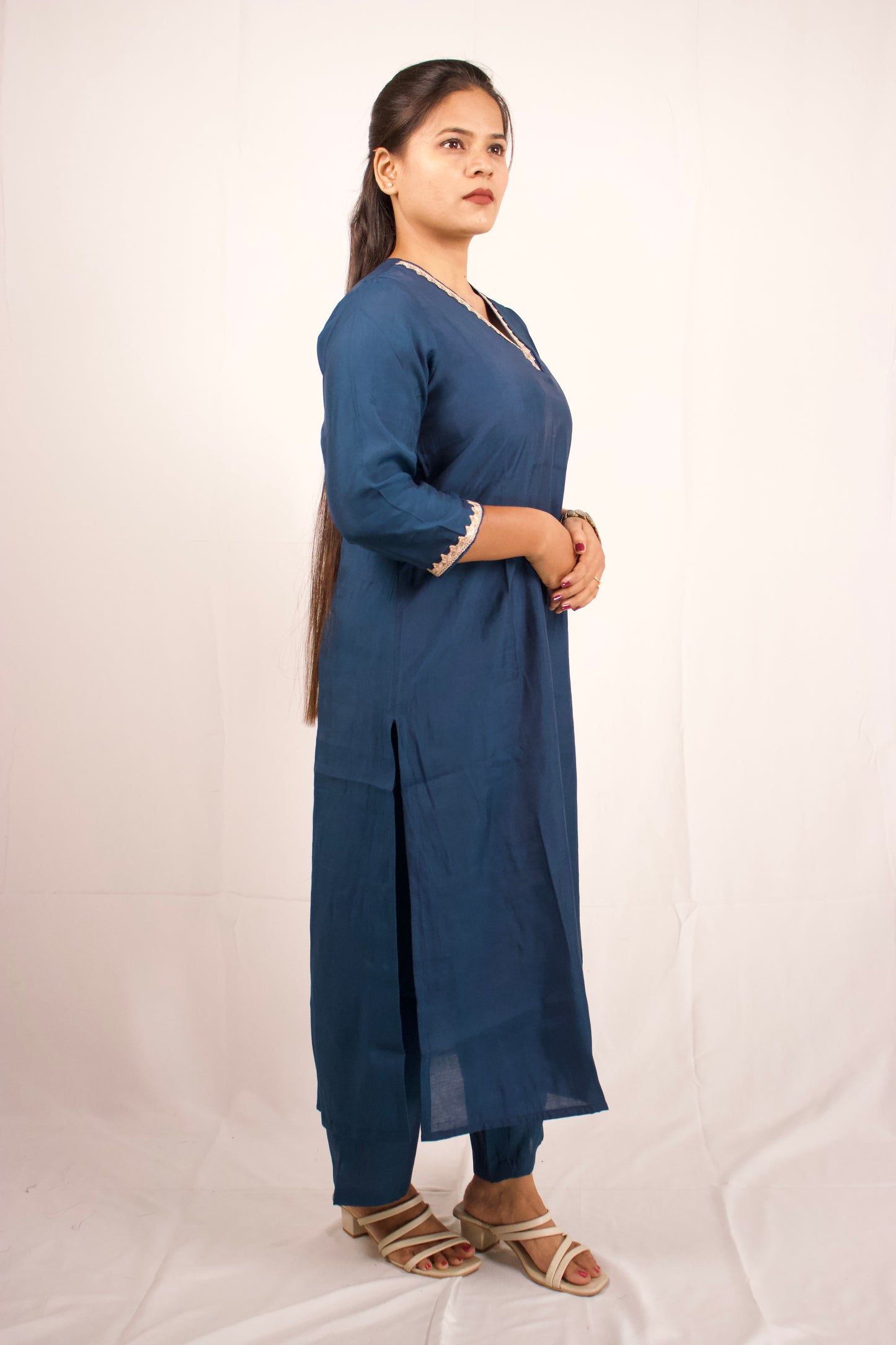 Dark Blue Chanderi Lace Kurta Set