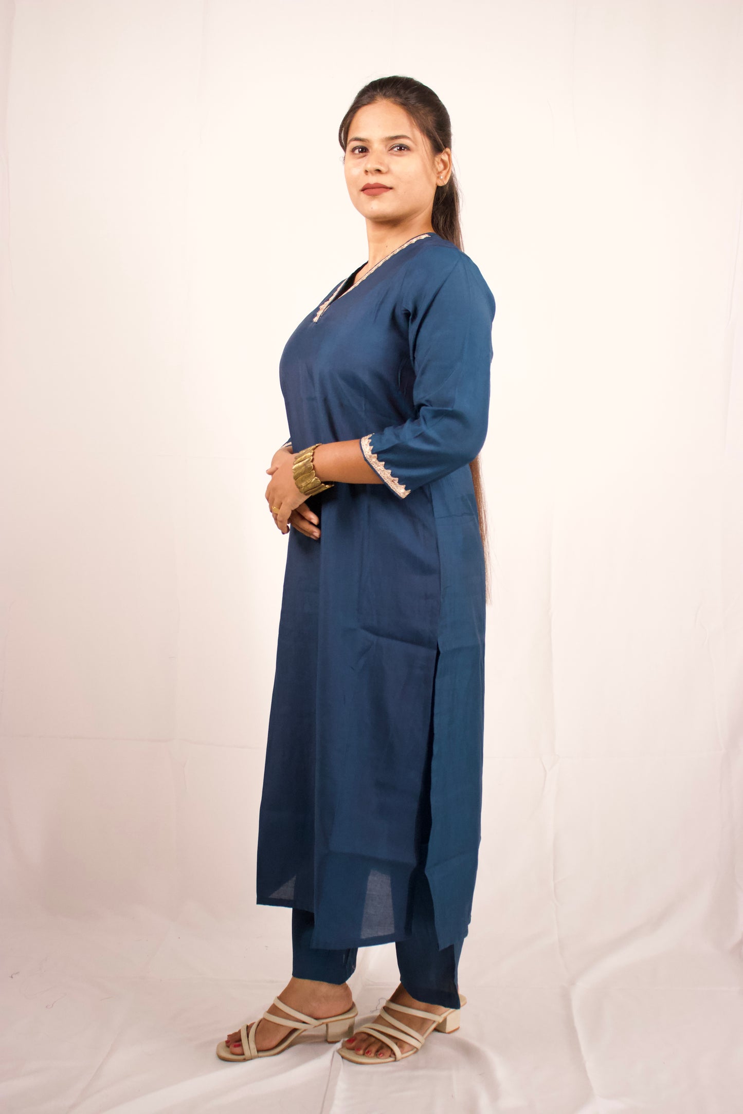 Dark Blue Chanderi Lace Kurta Set