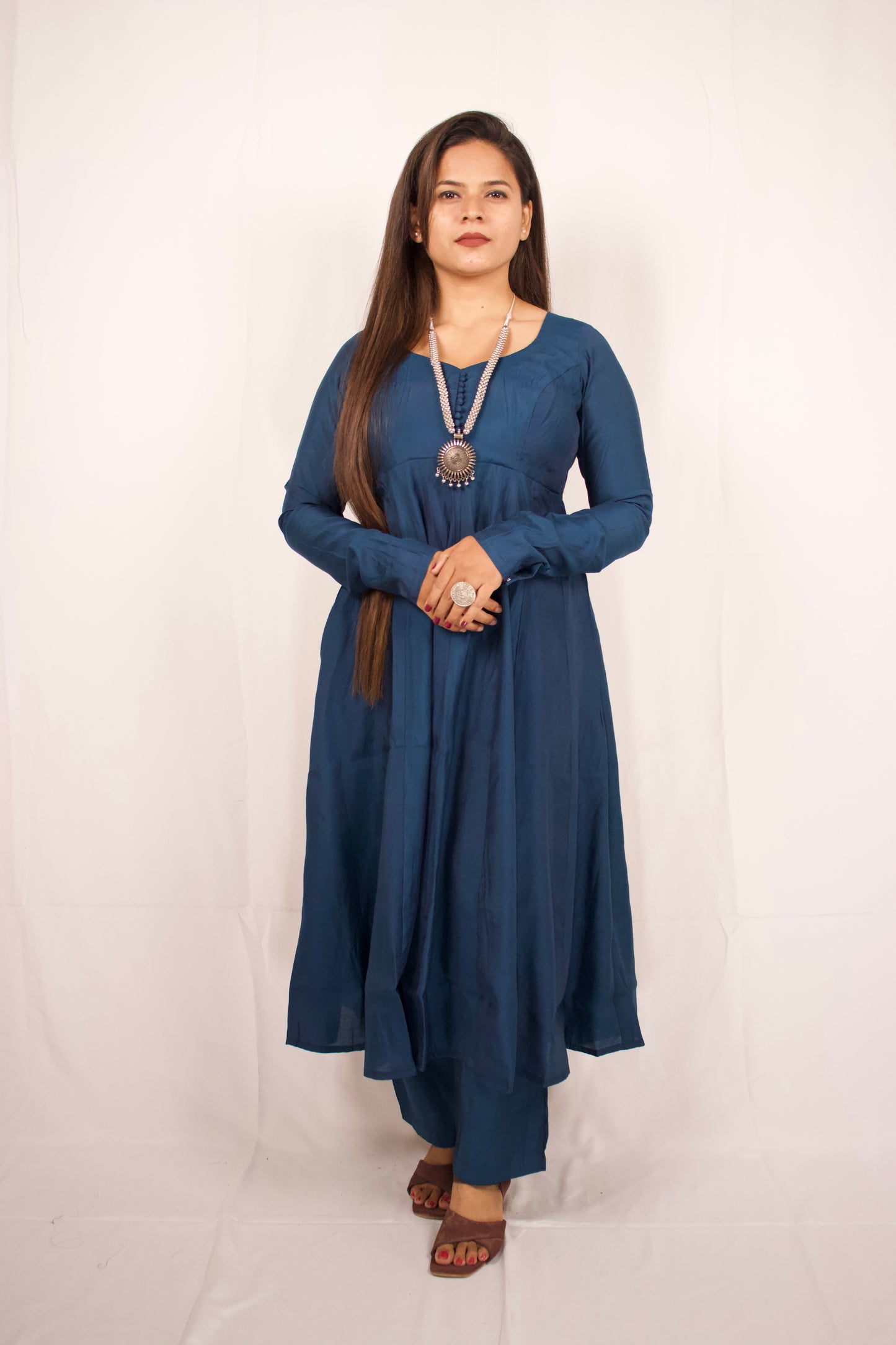 Blue Chanderi 16 Panel AnarKali Set