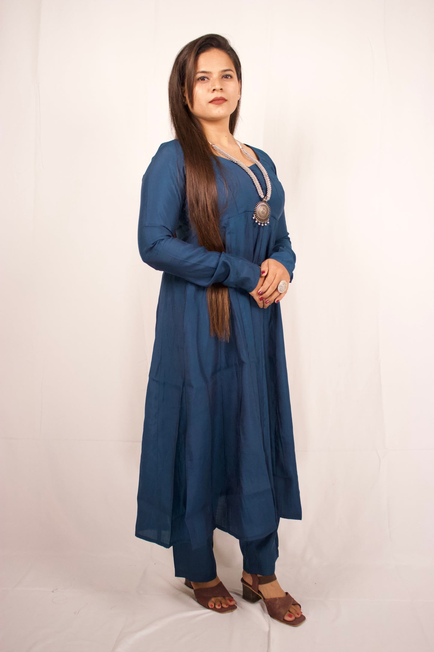 Blue Chanderi 16 Panel AnarKali Set