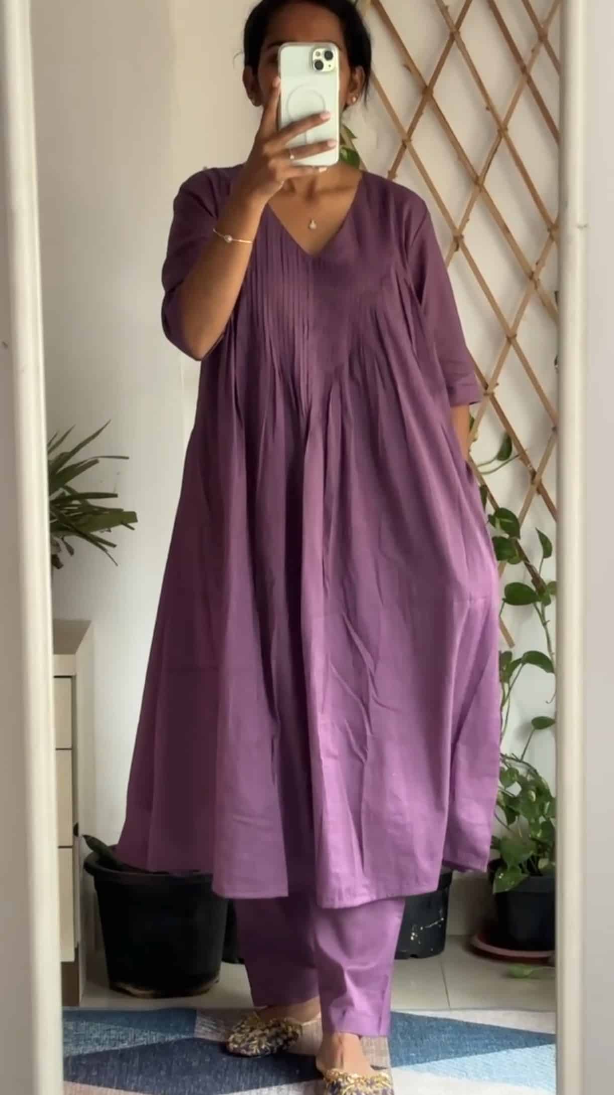 Mauve Mul Pleated kurta Set