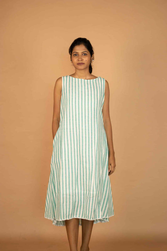 Green Stripe Back Gather Dress