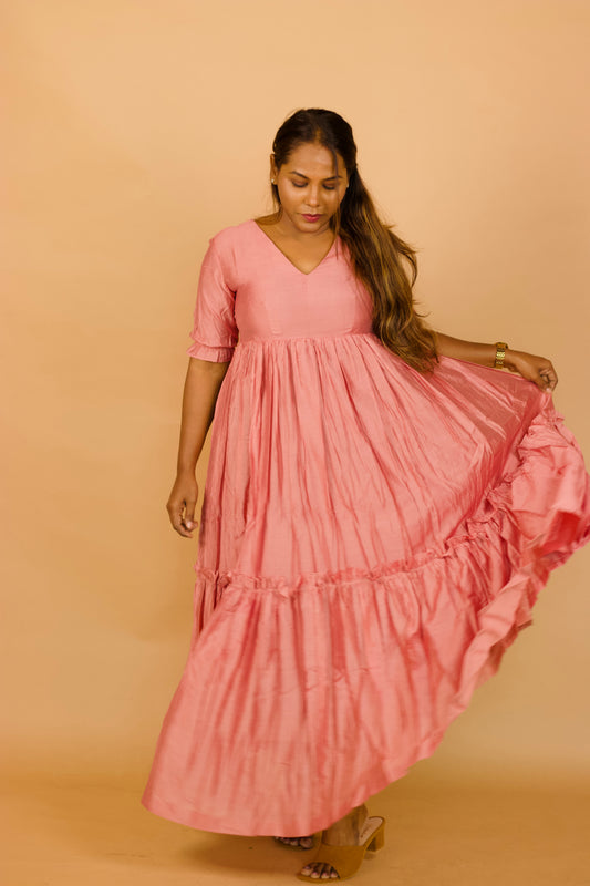 Blush Pink Chanderi ruffle maxi dress