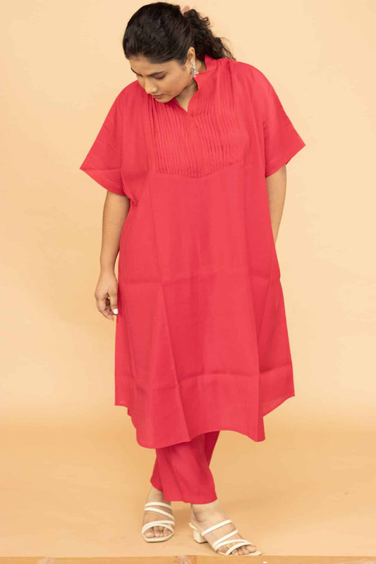 Pink Chanderi Kaftan Pleated Kurta set